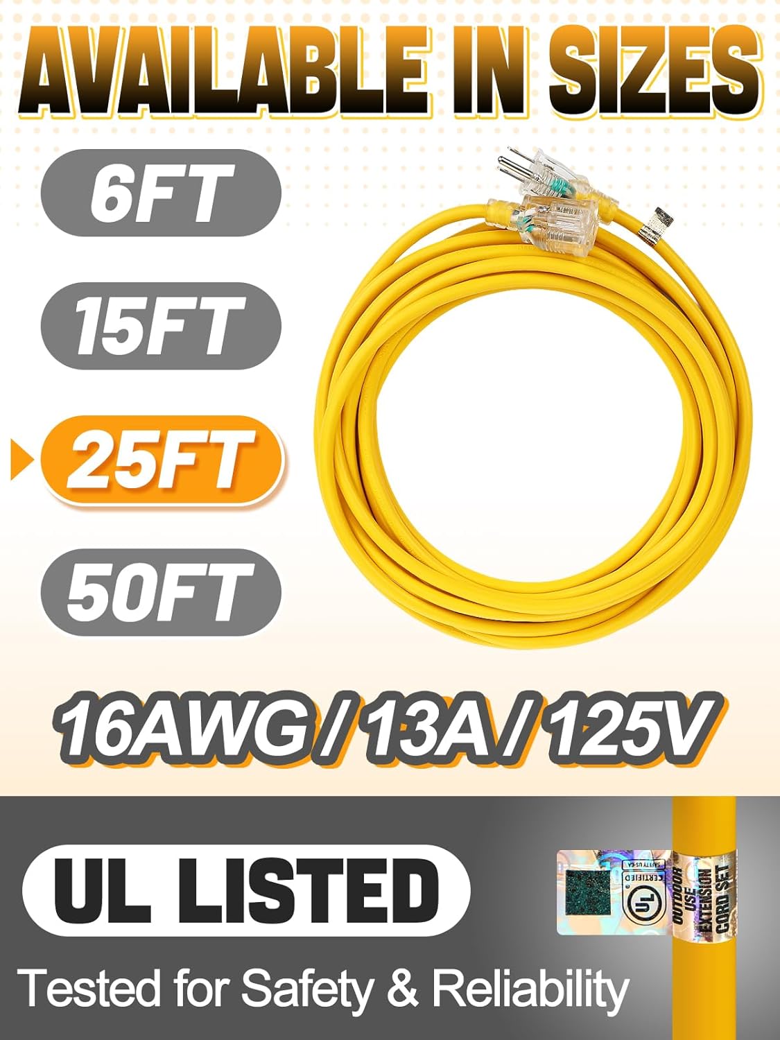 Lighted End Outdoor Extension Cord Waterproof -16AWG, 3 Prong, 13A, 1625W, Flexible Yellow Power Extension Cord for Outsides, 25ft