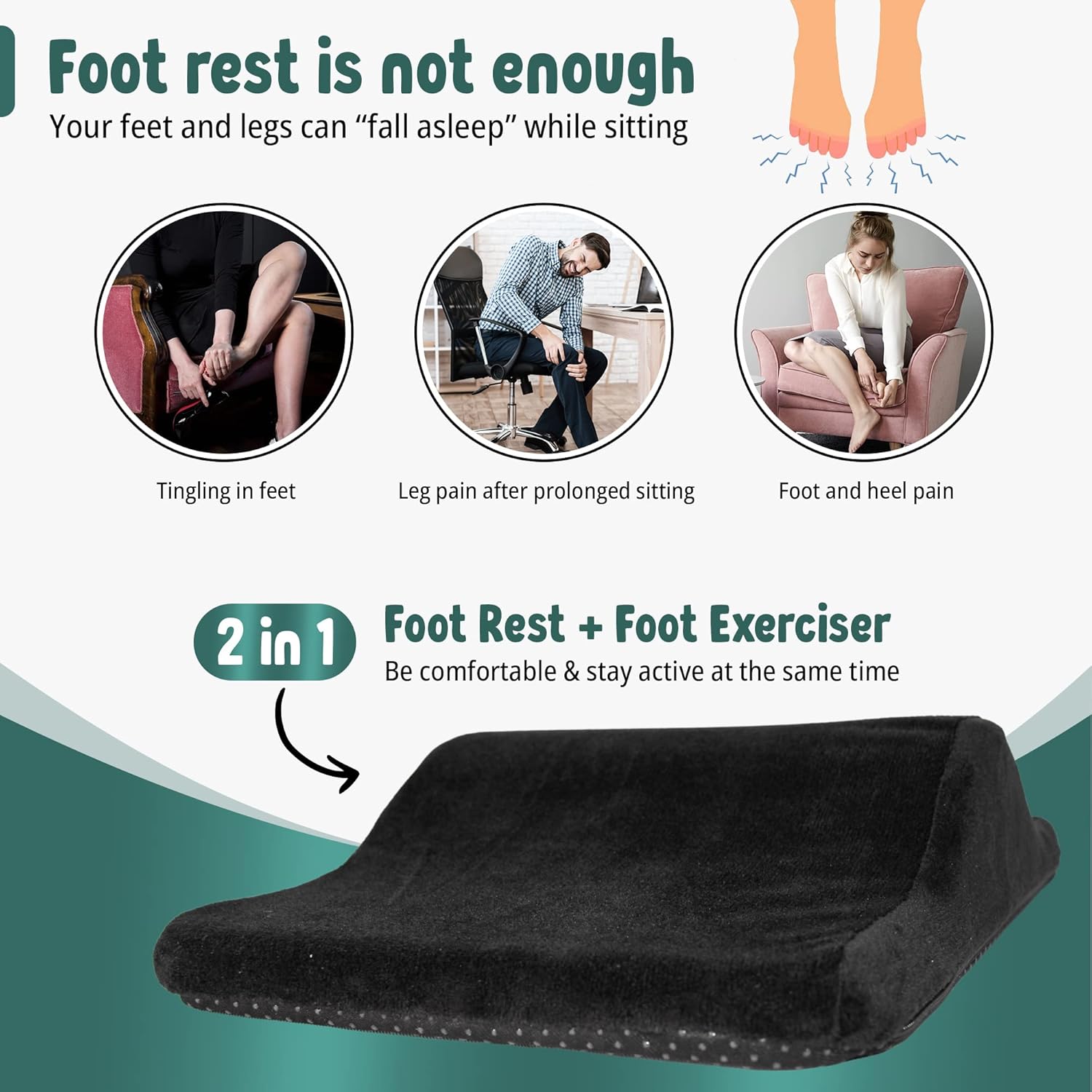 2-in-1 Portable Foot Rest & Exerciser - Improve Circulation & Exercise Massage Foot Under Desk Work Office Chair, Gaming Chair & Home