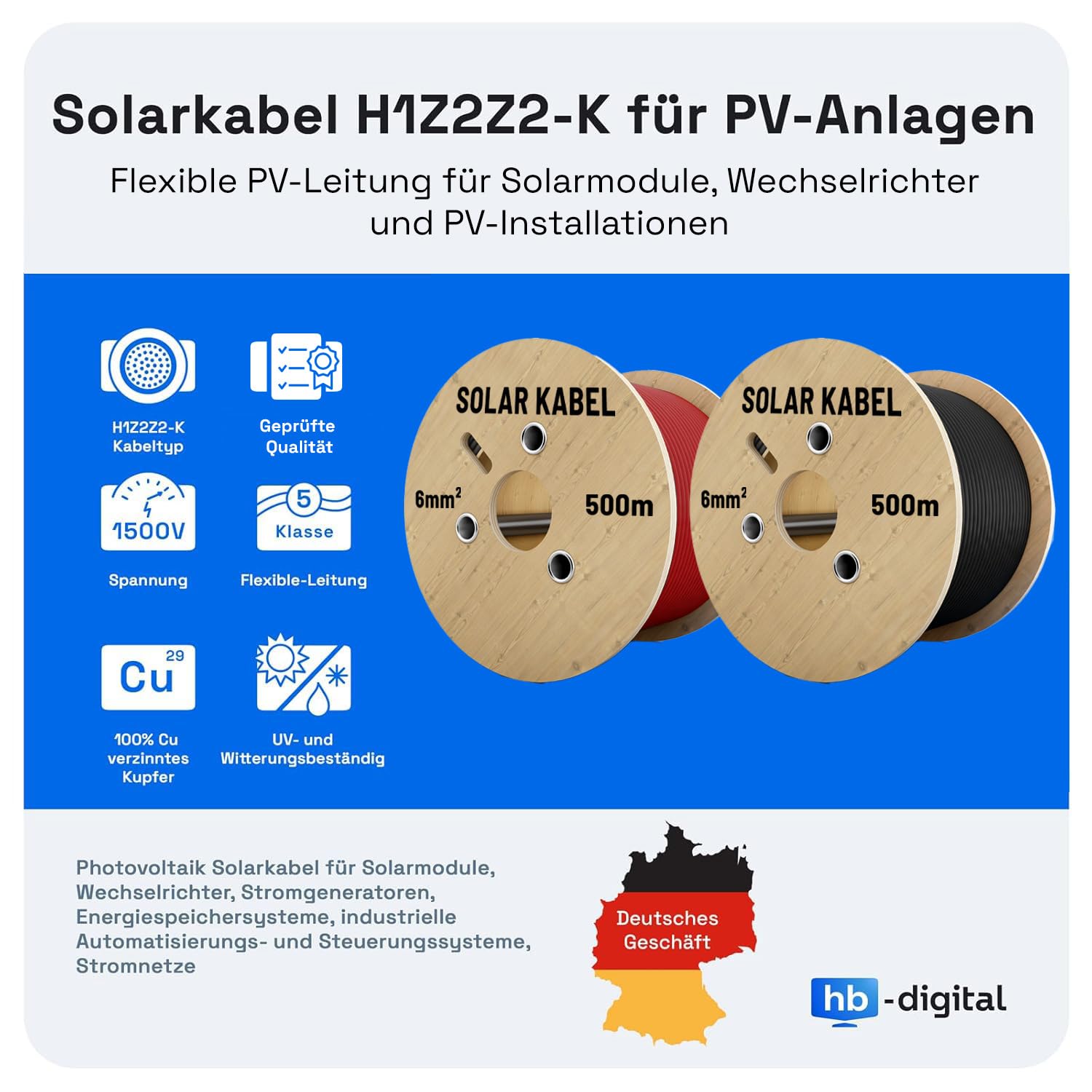 hb-digital 100m Cable solar 6 mm2 H1Z2Z2-K Probado por TÜV Rheinland Resistente a los rayos UV Flexible Cobre puro 1500 V Cable de extensión fotovoltaico para panel solar placa