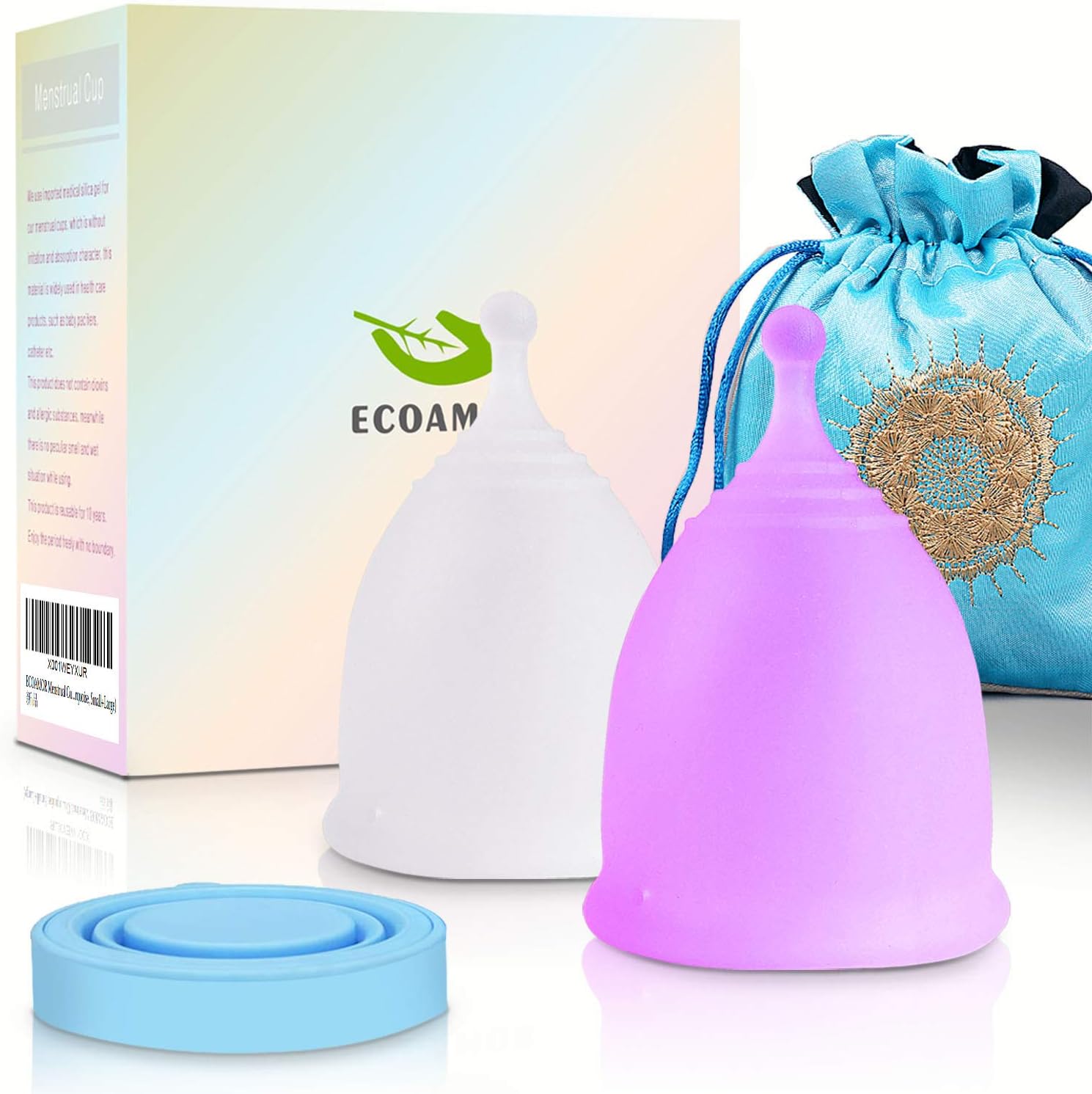 Menstrual Cups, 2-Pack Tampon Alternatives Moon Cup with 1 Washing Cup and Storage Bag,Most Comfortable and Better Removal Stem Design,12h Leakage Protection (White+Purple, Small+Large)