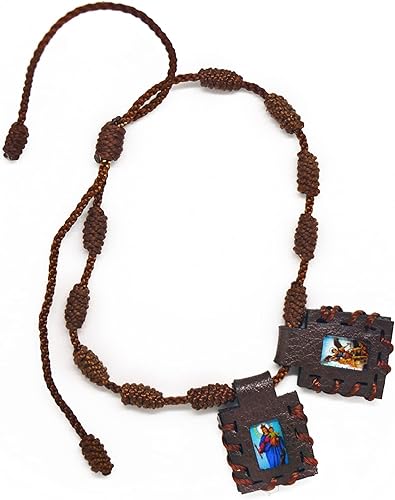 Pulsera Sagrada Escapularia Católica de Cuero Marrón Hecho a Mano del Sagrado Corazón de Jesús, Sagrada Virgen del Carmen, Sagrada Virgen de