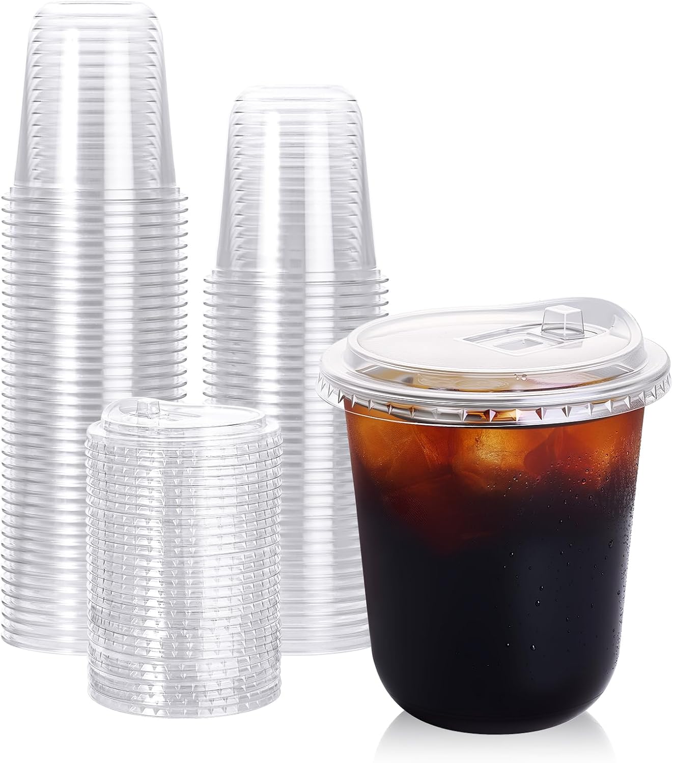 Turbo Bee 100 Pack - 16 oz Round Bottom Clear Plastic Cups with Strawless Sip - Lids, Disposable To Go Coffee Cups with Sippy Lids for Iced Coffee, Cold Drinks and Beverages
