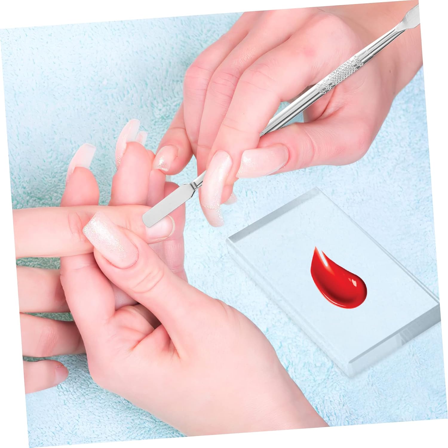 Glass Nail Art Palette Set 2 Piece Nail Toning Boards with 1 Stainless Steel Cuticle Pusher for Suitable for Makeup and Acrylic Paint