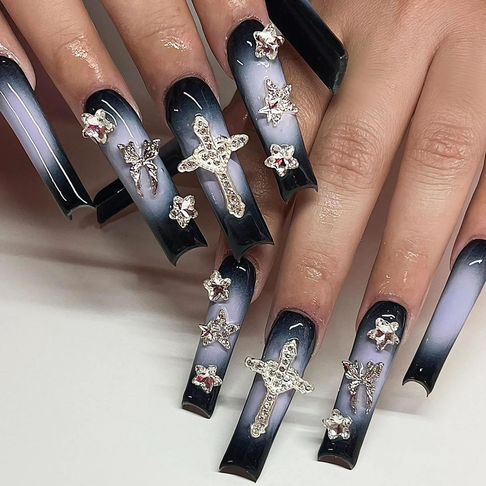 BABALAL Goth Press on Acrylic Nails Long Square Glue on Fake Nails - Black Purple Punk False Nails, Y2k Cross Star Butterfly Charm, 24Pcs Stick on