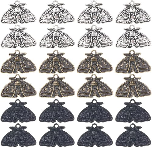 SUNNYCLUE 1 caja de 24 dijes de polilla de polilla a granel de fase lunar para Halloween, gótico de animales de la suerte, dije de insectos lunares