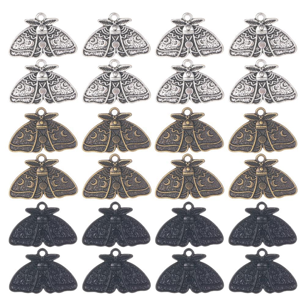 SUNNYCLUE 1 Box 24Pcs Moth Charms Moth Charm Bulk Moon Phase Charms Halloween Gothic Lucky Animal Insect Charm Lunar Moons Charms for jewellery Making Charms DIY Crafts Handmade Gift Women Adults