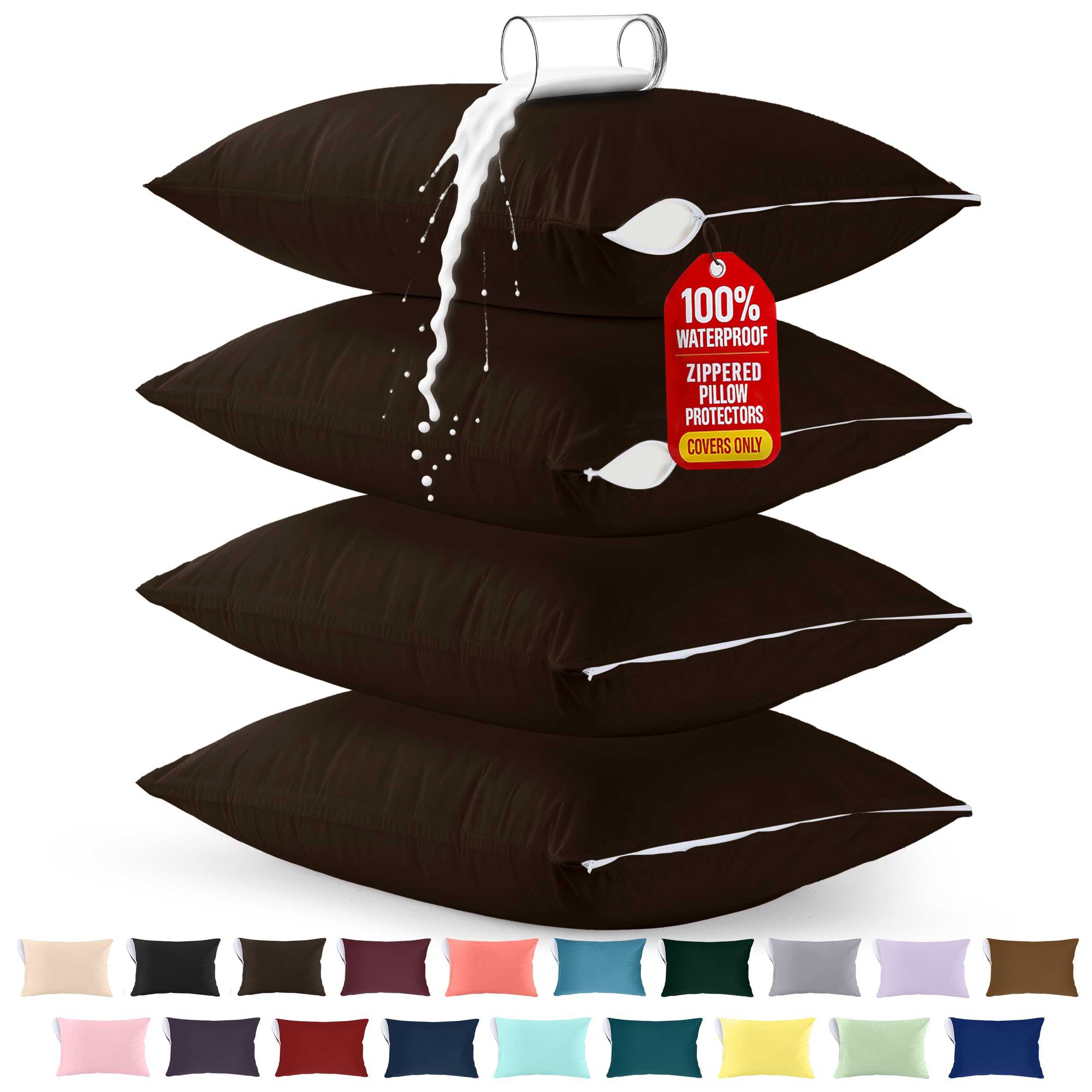 Utopia Bedding Premium 100% Waterproof Pillow Protectors with Zipper Standard Size (Set of 4), Bed Bug and Dust Mite Proof Zippered Pillow Covers, Pillow Encasement Cases, Brown