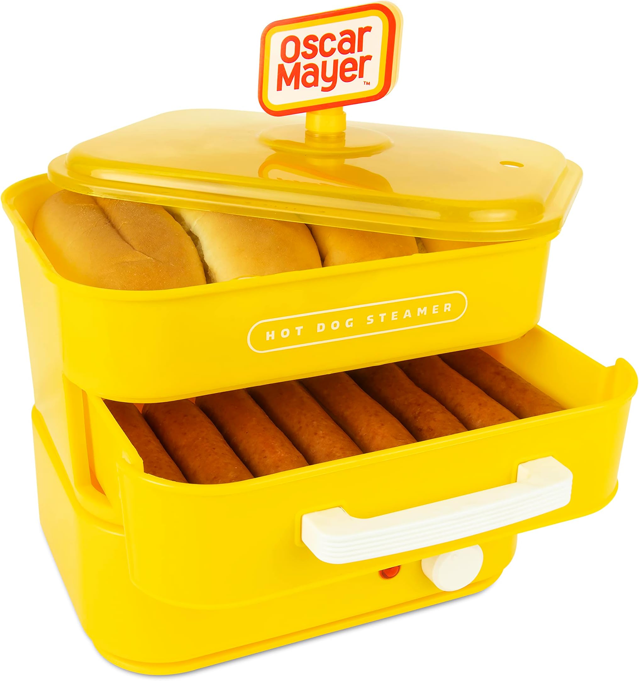 Oscar Mayer Diner-Style Hot Dog Steamer and Bun Warmer, 8 Hot Dog and 4 Bun Capacity, Steam Bratwursts, Sausages, Vegetables, Fish, Dumplings, Yellow