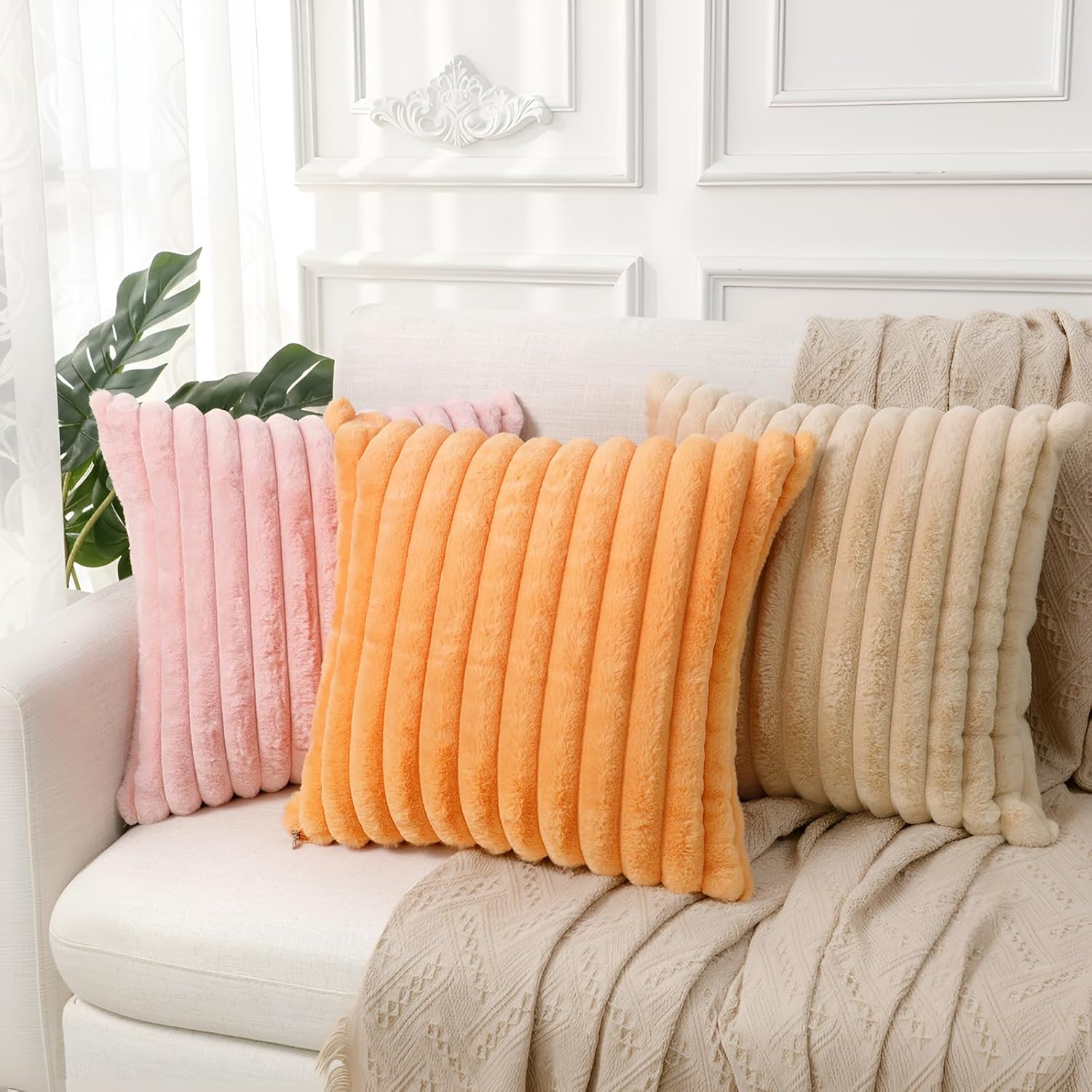 Faylapa Pack of 2 Decorative Throw Pillow Covers Faux Fur Plush Valentines Pillowcases Soft Fluffy Striped 16x16 Inch Pillow Cases for Couch Sofa Living Room Car Home Decoration (Pink)(Cover ONLY) - Image 7