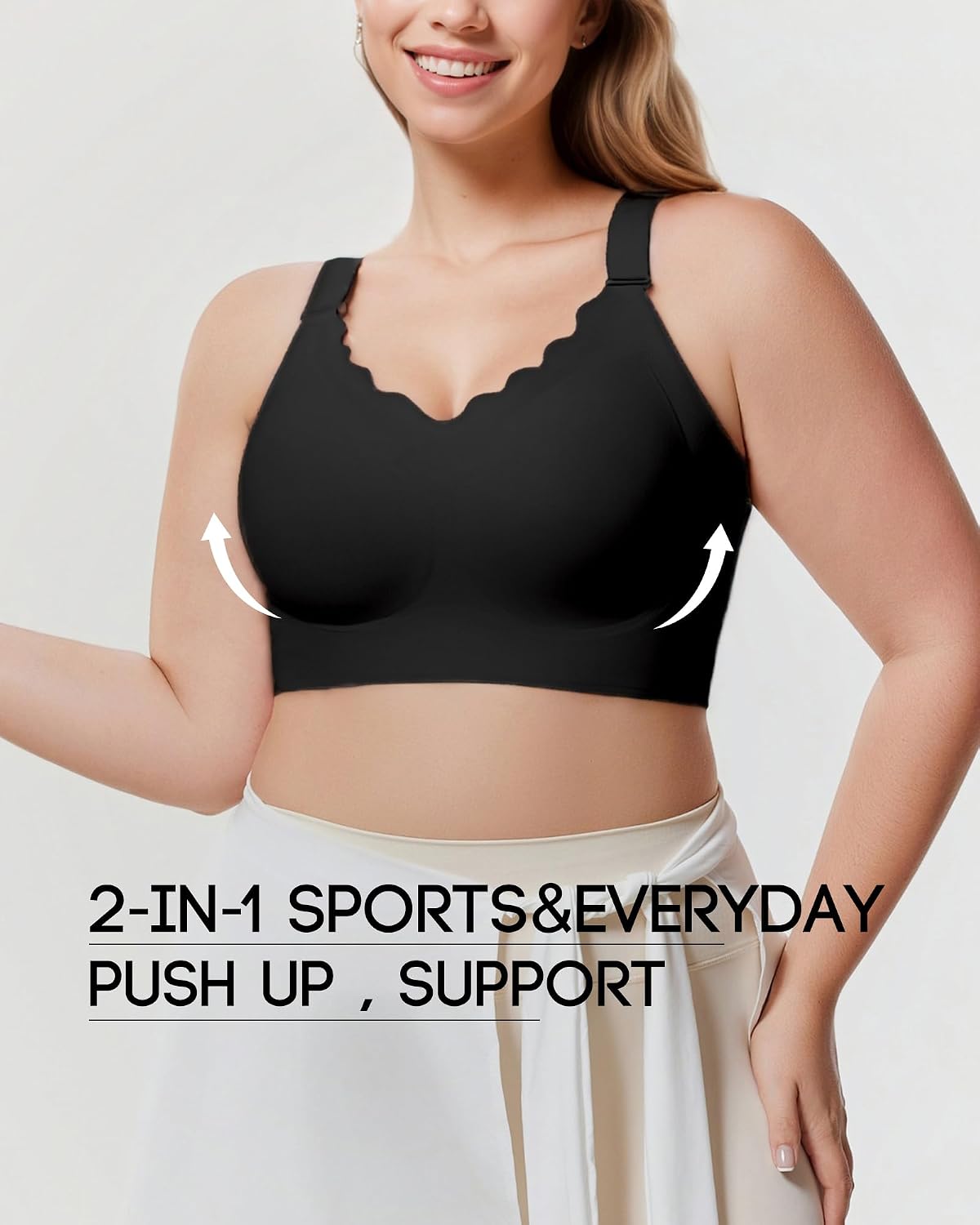 VQJ Women's Plus Size Jelly Comfort Wireless Bra - 2-in-1 Sports & Everyday Seamless Full Coverage, Push Up & Lift T-Shirt Bra with Scalloped V-Neck (Black-L)