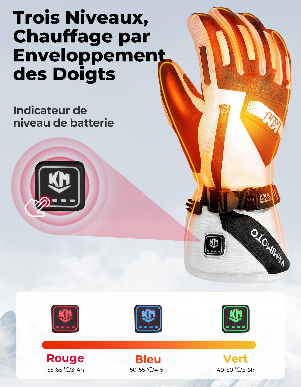 KEMIMOTO Gant Chauffant Moto, Gants Chauffants Hiver Coussin EVA, Écran Tactile et Résistants à l'usure, Thermiques Électriques la Moto, Le Ski, Le Scooter
