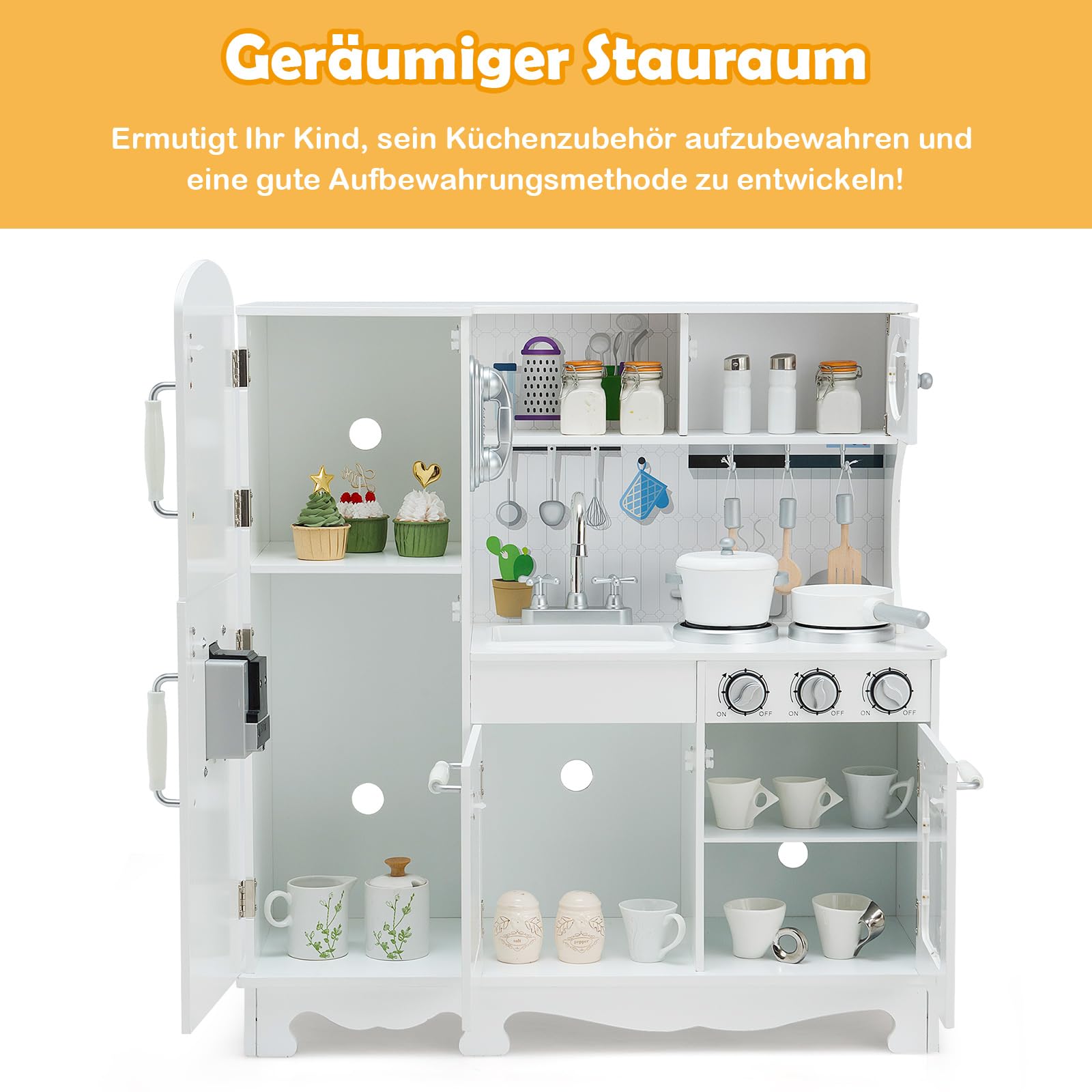 COSTWAY Kinderküche mit Licht & Sound, Kinder Spielküche Holz mit Tafel & Kühlschrank, inkl. Spielzubehör, Spielzeugküche für Kinder ab 3 Jahre, weiß, 79 x 30 x 88,5cm
