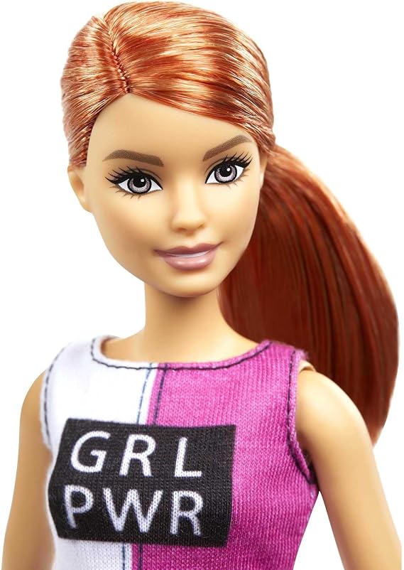 Barbie Doll, Red-Haired Fitness Doll with Puppy & 9 Accessories Including Yoga Mat with Strap, Hula Hoop, Weights & Bag