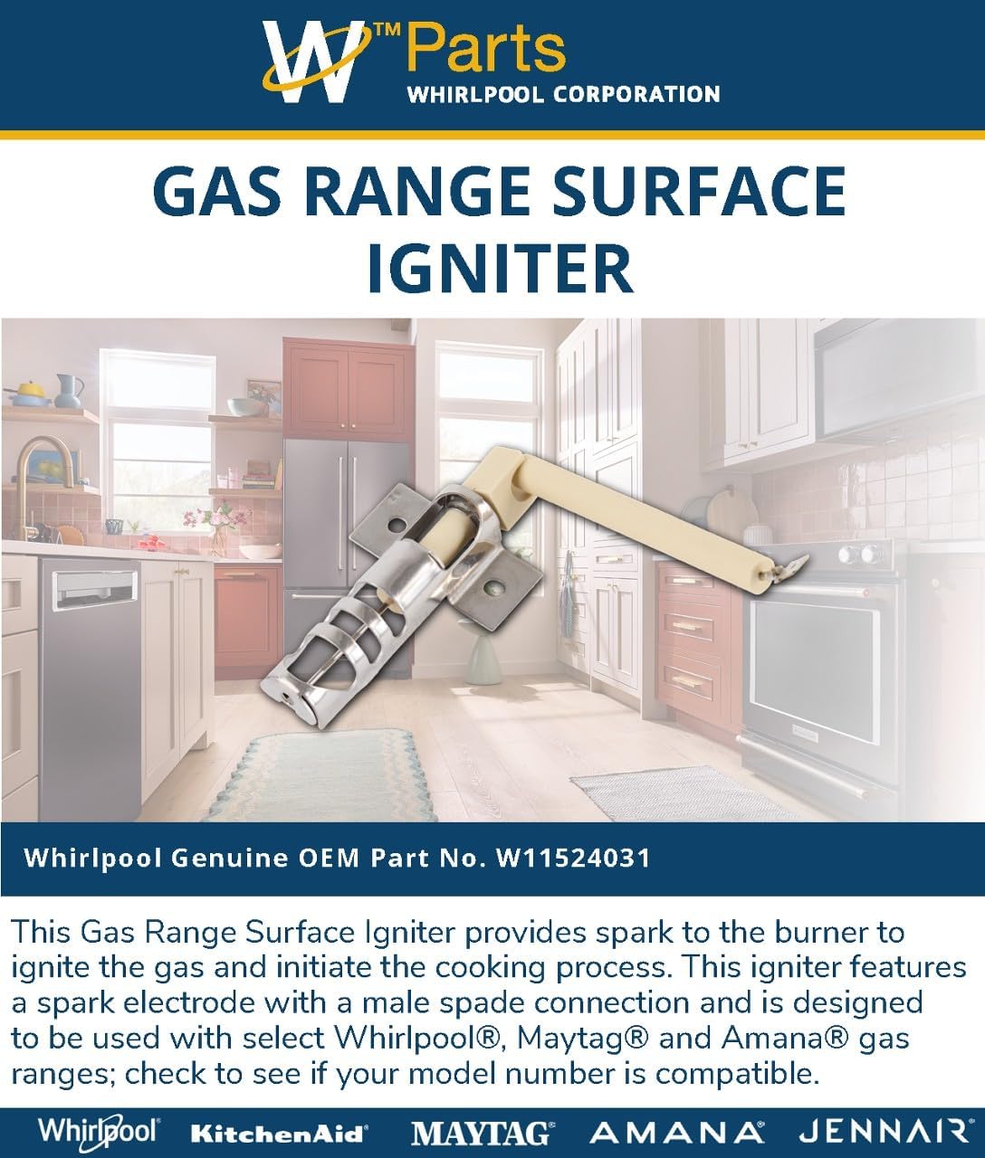 Whirlpool W11524031 OEM Gas Range Surface Igniter, Multicolor