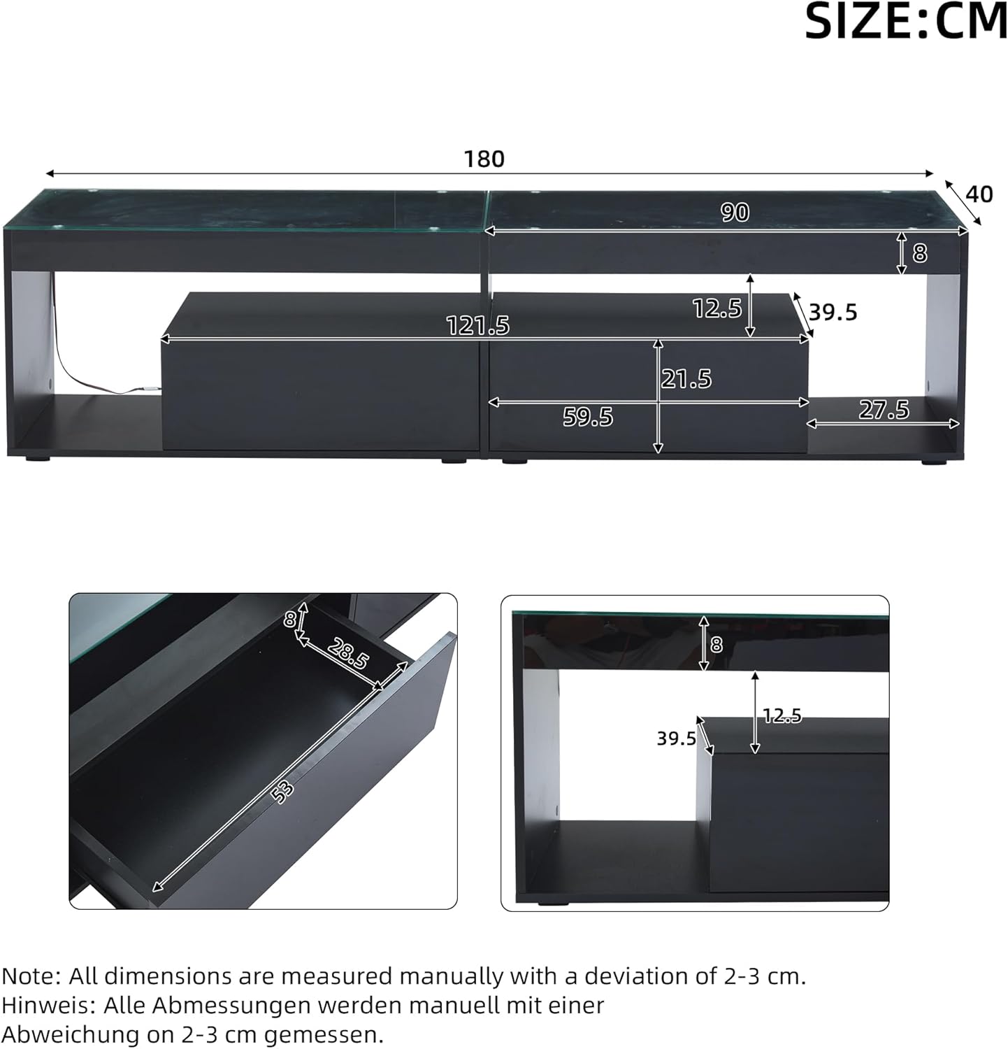 Diagram showing the dimensions of the Azkoeesy TV cabinet in centimeters.