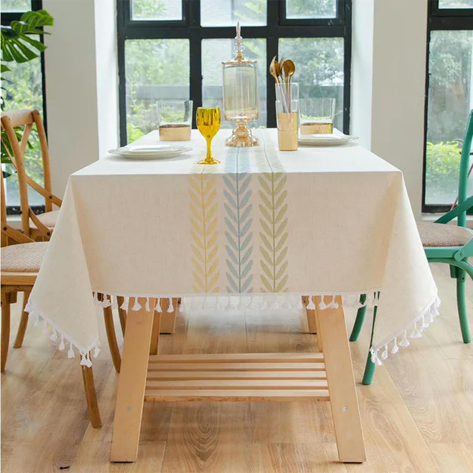 Nappe brodée haut de gamme en coton et lin avec pampilles élégantes