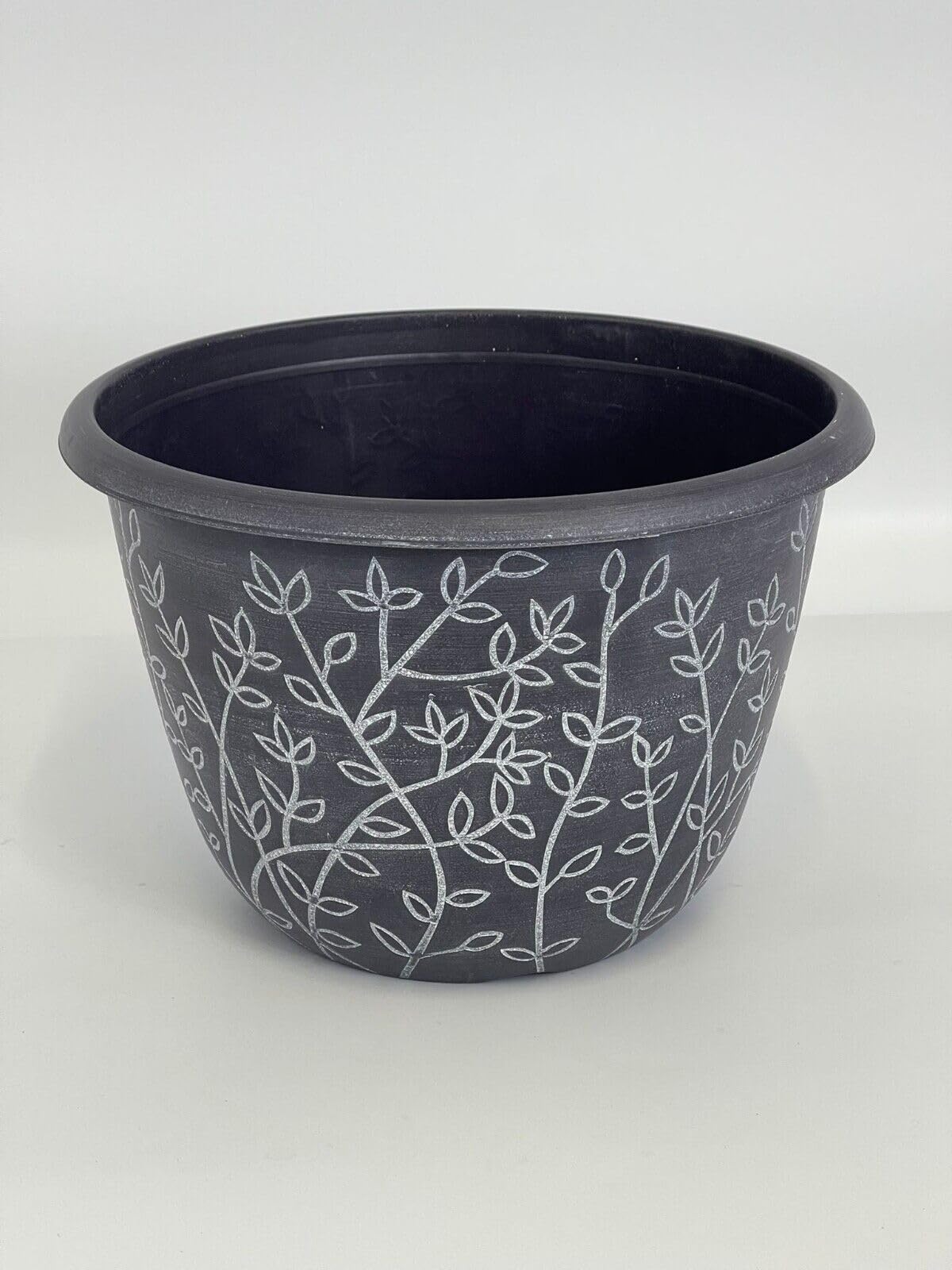 WILSONS DIRECT - Large Plastic Plant Pots Flower Pot Planter Round Floral Design Garden Decoration Indoor Outdoor Planters Outdoor With Drainage Holes (12" Serenity Grey/White)