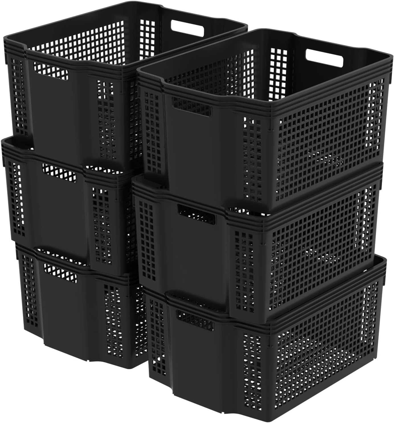 6 Pack Large Stackable Basket, Plastic Woven Basket Organizer, Black