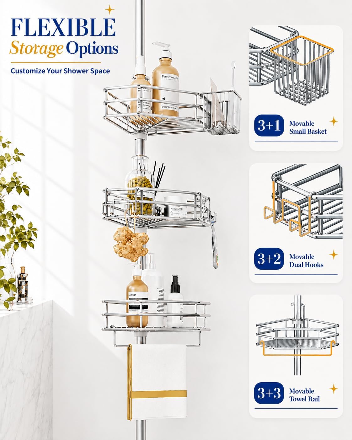 SEIRIONE Rustproof Corner Shower Caddy Tension Pole for Bathroom Storage image 5