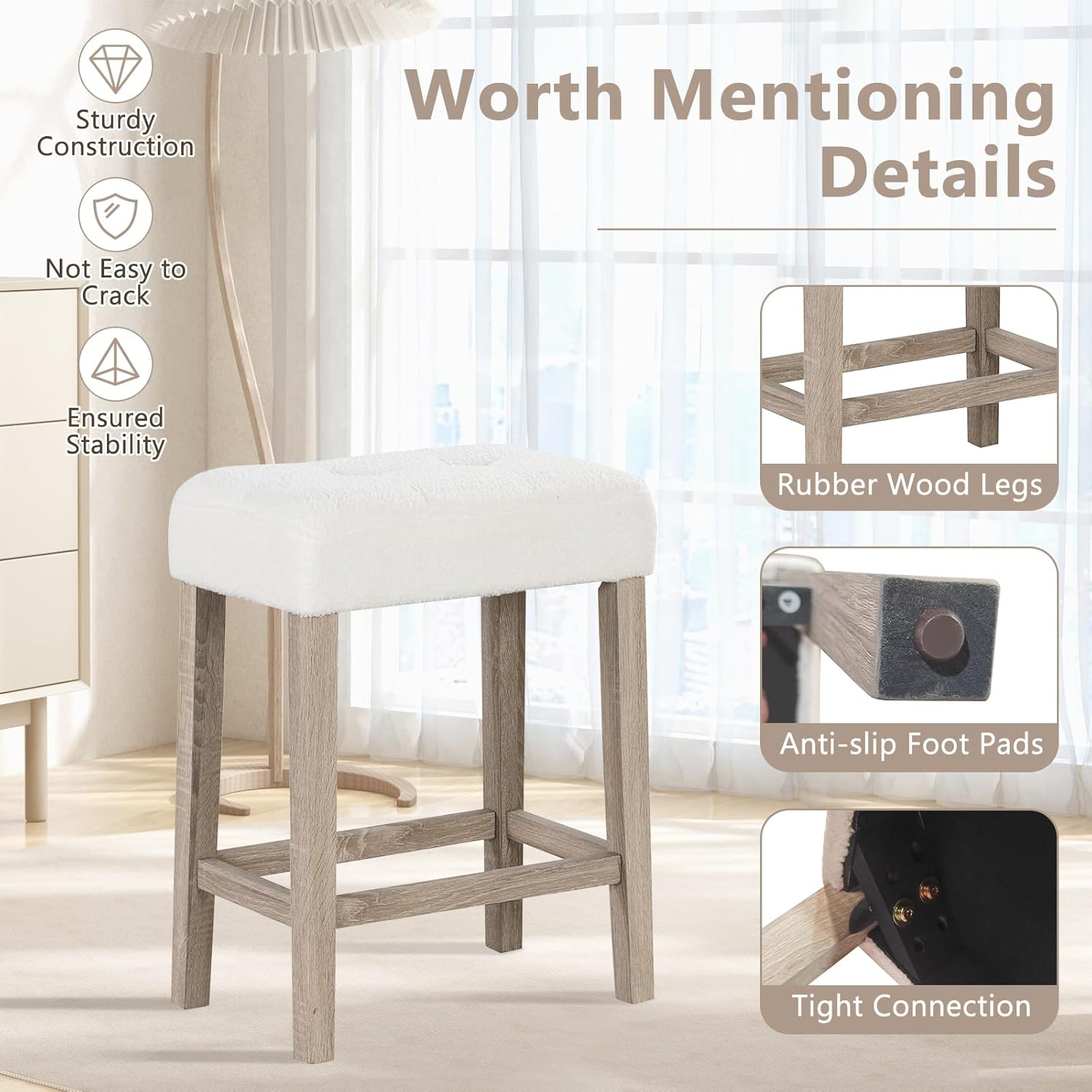 COSTWAY Wooden Bar Stools Set of 4, Modern Sherpa Fabric Counter Chairs with Rubber Wood Legs, Footrest, Upholstered Stools for Kitchen Island Dining Room Restaurant, White+Oak Grey