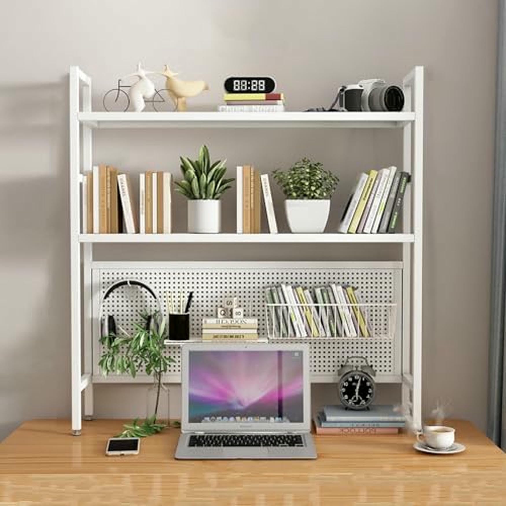 CWCQGH Black Desktop Hutch & Bookshelf - 95cm Student Pegboard Bookcase for Dormitory & Home Office - Computer Desk Storage Rack & Display, Single Layer Organization Solution,White Double Layer-115cm