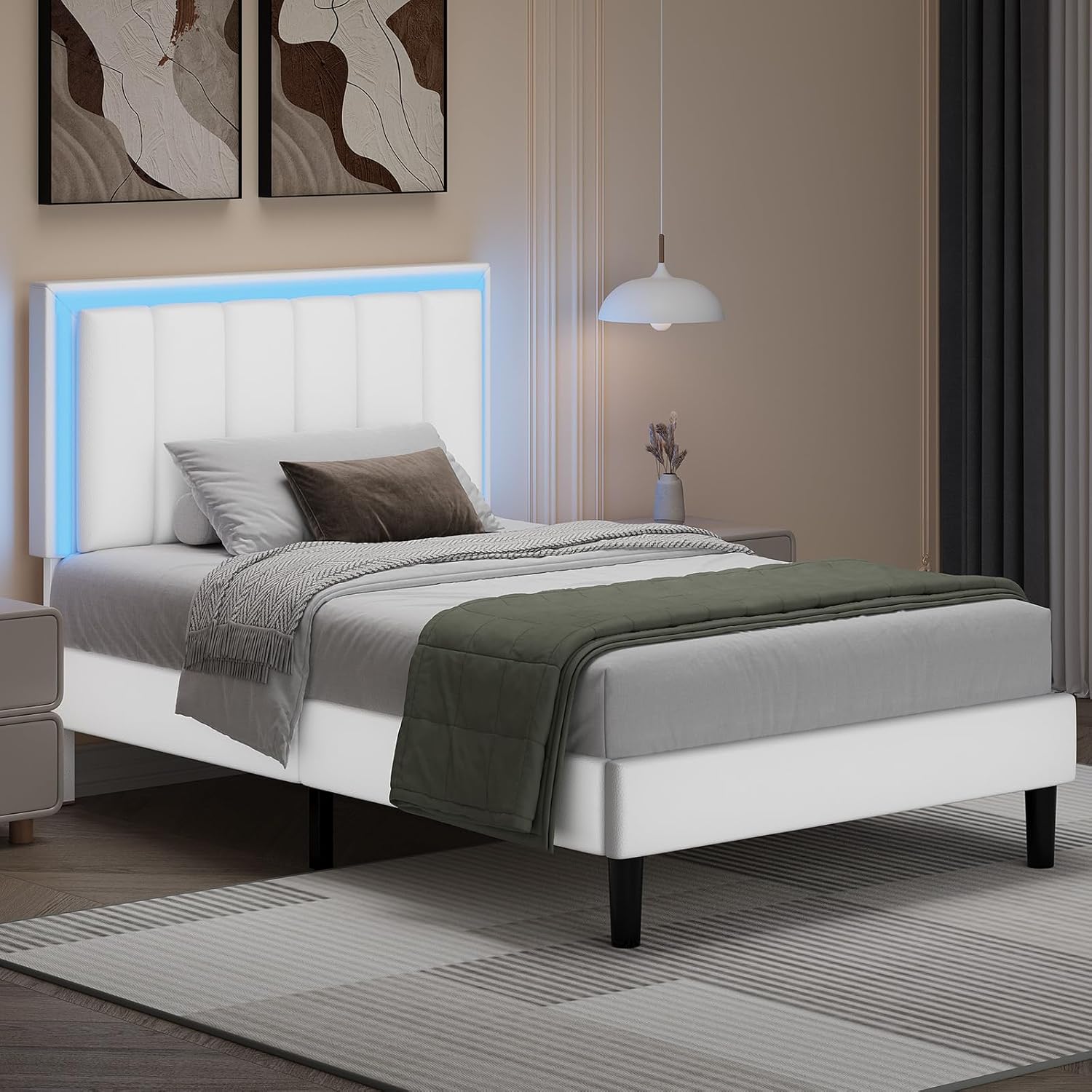 Twin Bed Frame with Headboard and LED Lights, Faux Leather Upholstered Bed Frame Twin, Twin Bed Frames for Kids, No Box Spring Needed, Noise-Free, Easy Assembly, White