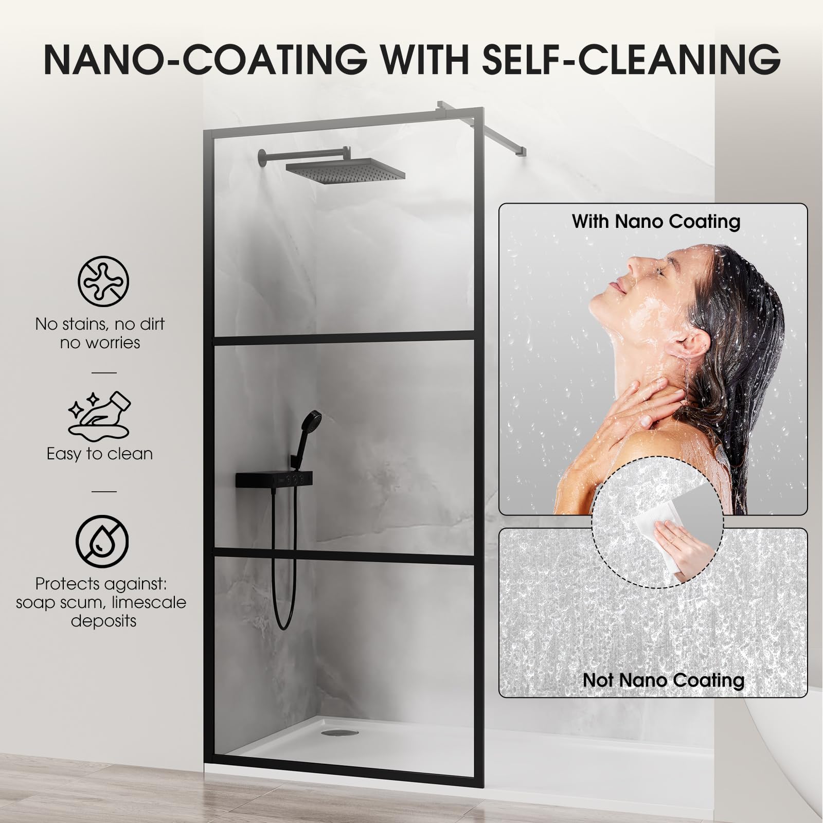 Condition photo showing New/Like New for walk in shower door, 40" w x 75" h, matte black fixed shower glass panel, 1/5" (5mm) tempered glass, 3 glass panels, adjustable support bars