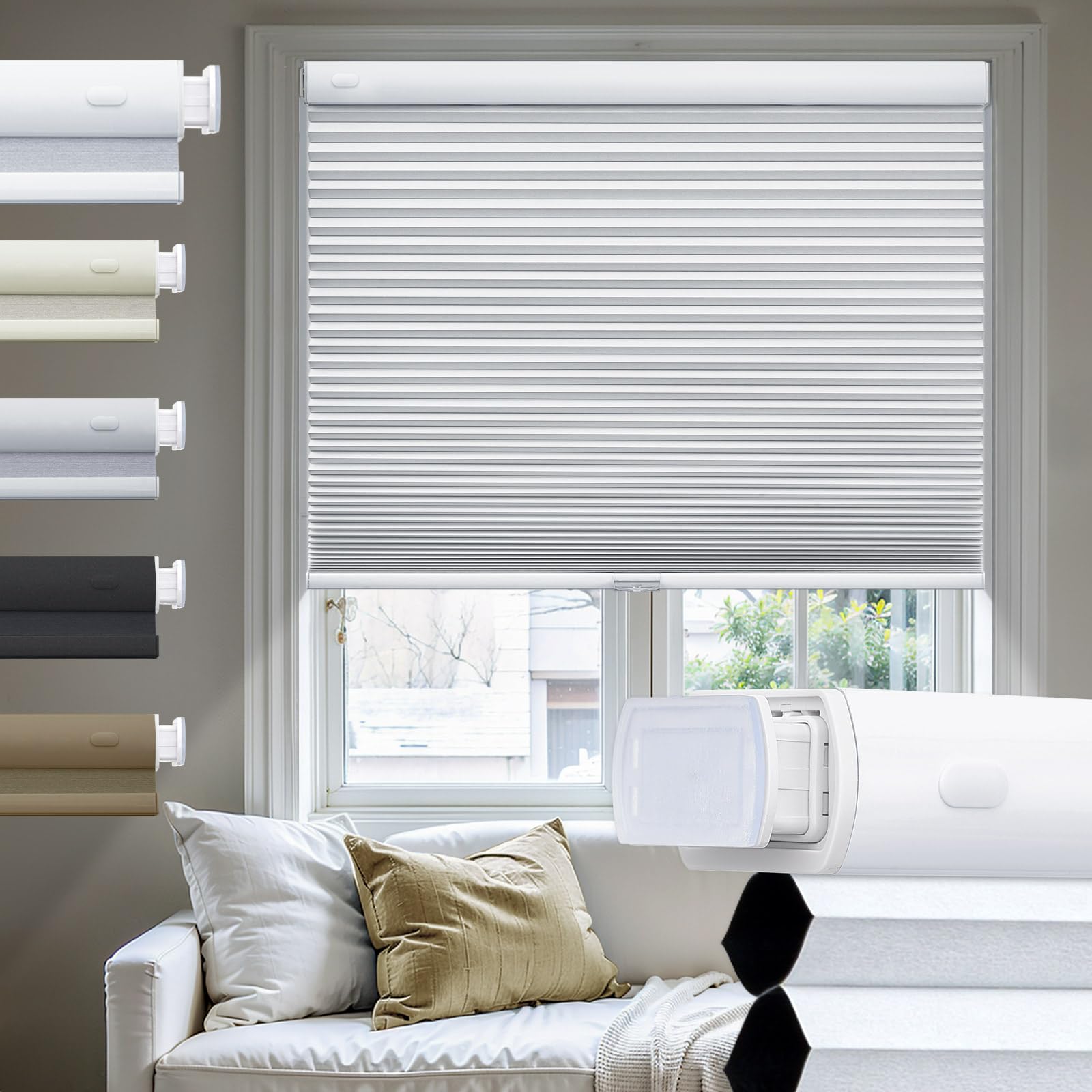 Moonice No Drill Cellular Pleated Blinds for Windows Cordless Cellular Blinds Blackout Color-Matched Thermal Insulated Shades 3.8cm Honeycomb Shade for Home (White, 85cm W x 185cm H)