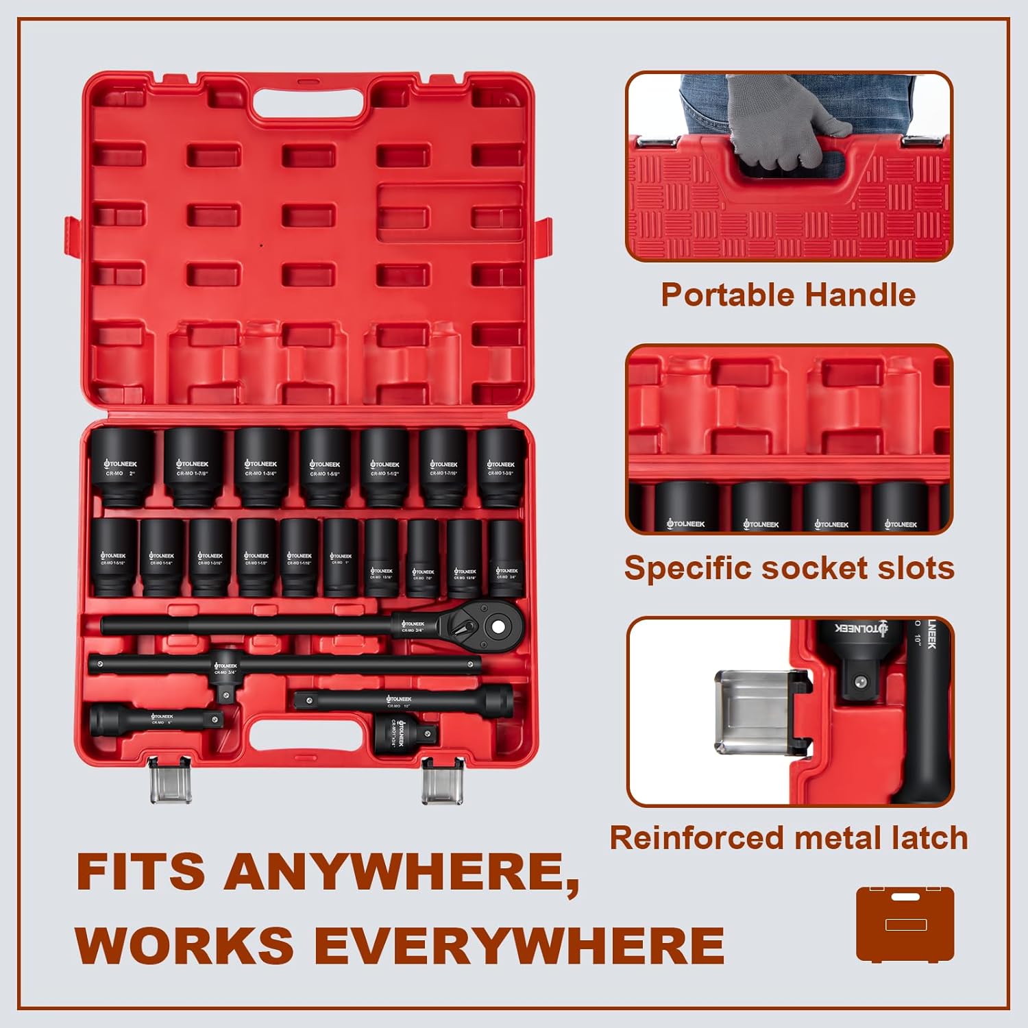 3/4" Impact Socket Set, 22PCS 6-Point SAE Sizes (3/4" to 2"), Cr-Mo Steel Set with Adapters, Quick Release Ratchet Wrench, Andextension Rod & Durable Storage Case