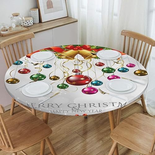Miniatura 4 de Delerain Mantel redondo ajustable de bolas de Navidad, mantel redondo impermeable con borde elástico, lavable, para interiores y exteriores, se