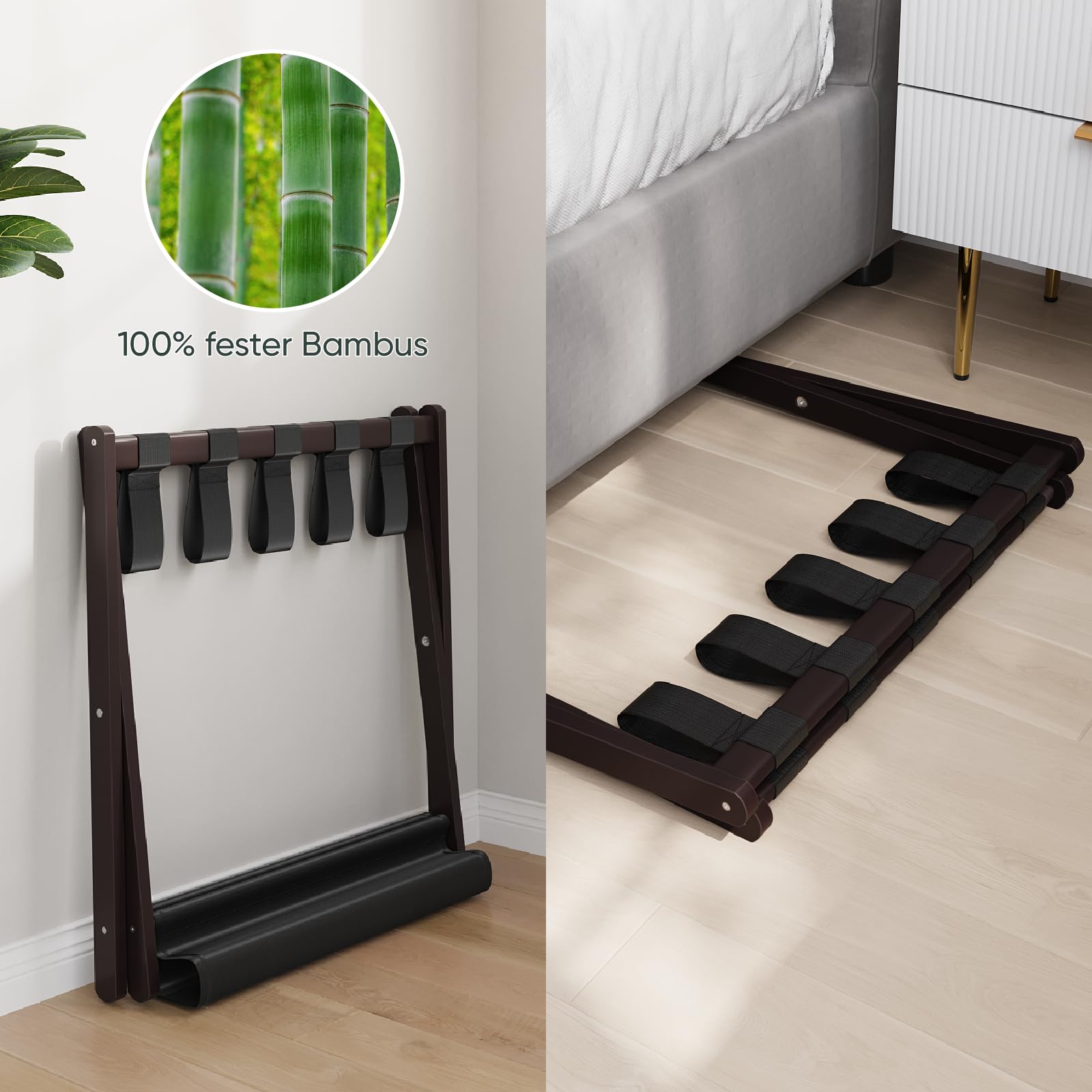 Smart FENDEE 2er-Set Bambus Gepäckträger, Faltbarer Gepäckträger mit Stoffablage, Geeignet für die Meisten Gepäckgrößen, Hält bis zu 59 kg, Ideal für Gästezimmer, Hotel (Braun)