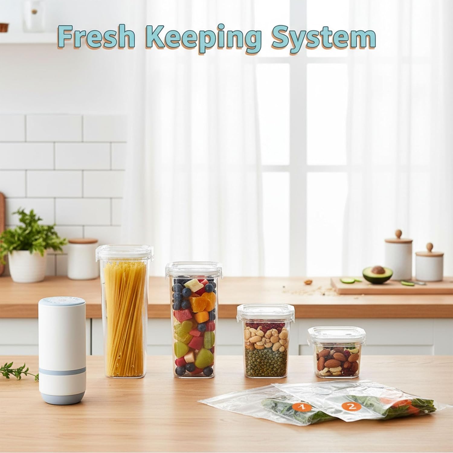 Vacuum Container,Vacuum Seal Containers,4pcs Airtight Food Storage Containers with Lids,4pcs Food Vacuum Bags/ 1pc Automatic Pump,for Kitchen and Pantry Organization (Rectangula)