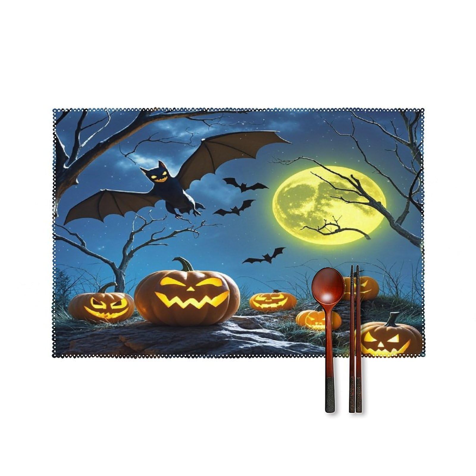 Bats and Pumpkins Placemats Set of 6 Washable Farmhouse Dining Table Mat Non Slip Heat Resistant Non-Slip Place Mats Easy Clean Table Protective Placemats for Indoors & Outdoors