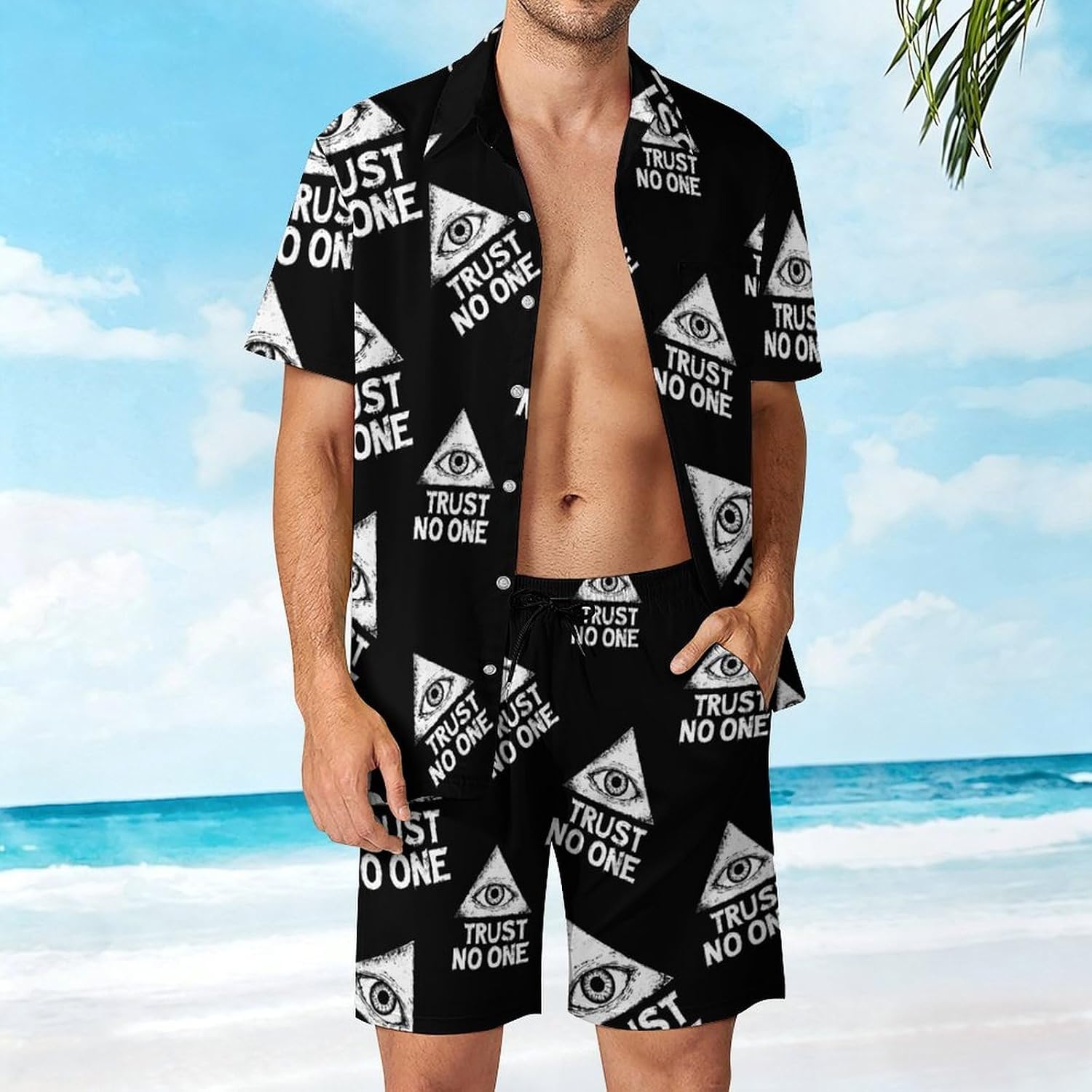 Trust No One Eye Of Providence Summer Mens Vacation Outfits Beach Shirts Shorts Matching Set