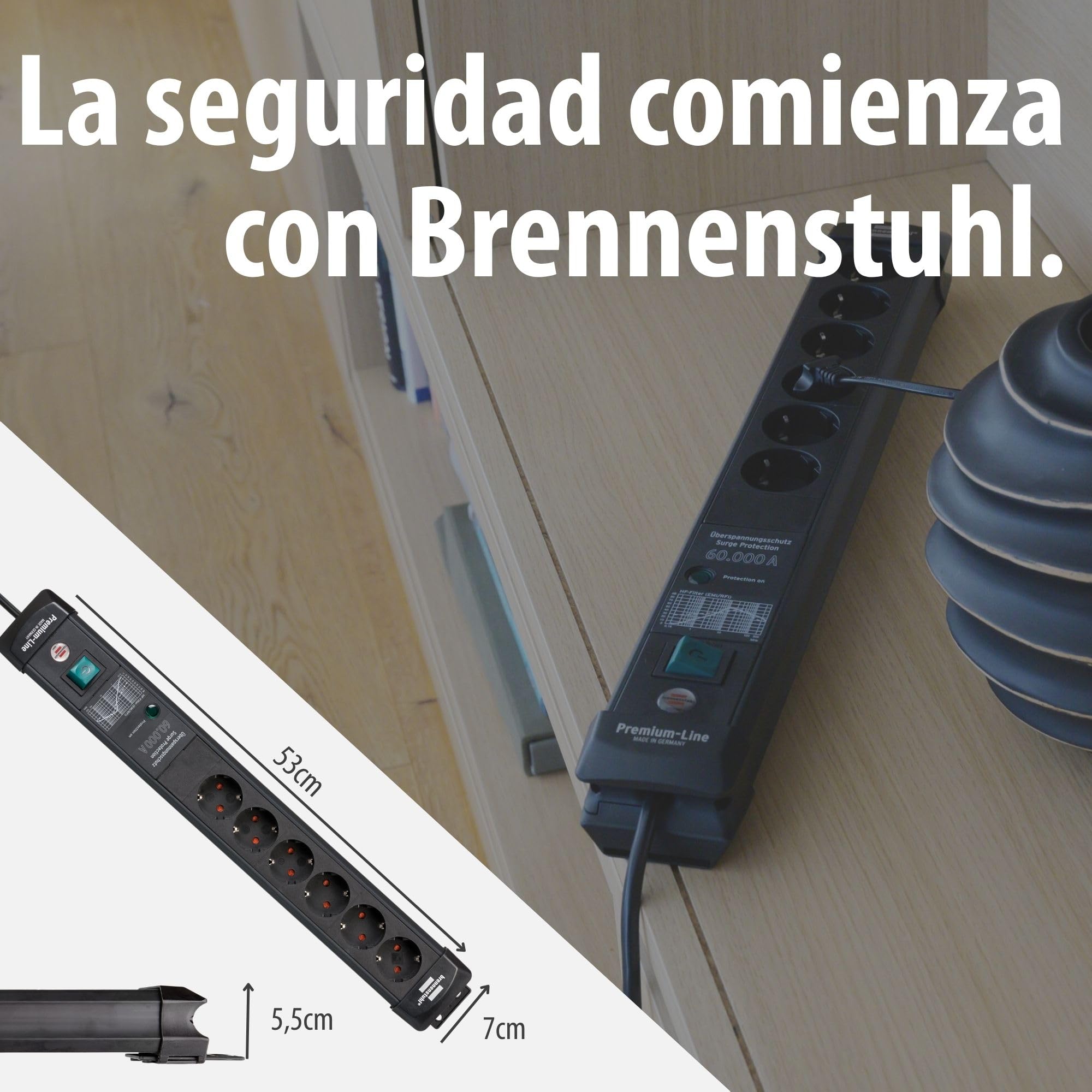 Brennenstuhl Premium-Line regleta enchufes de 6 Tomas con protección contra sobretensiones hasta 60.000 A (Cable de 5 m, Interruptor, montable, Fabricado en Alemania) Negro