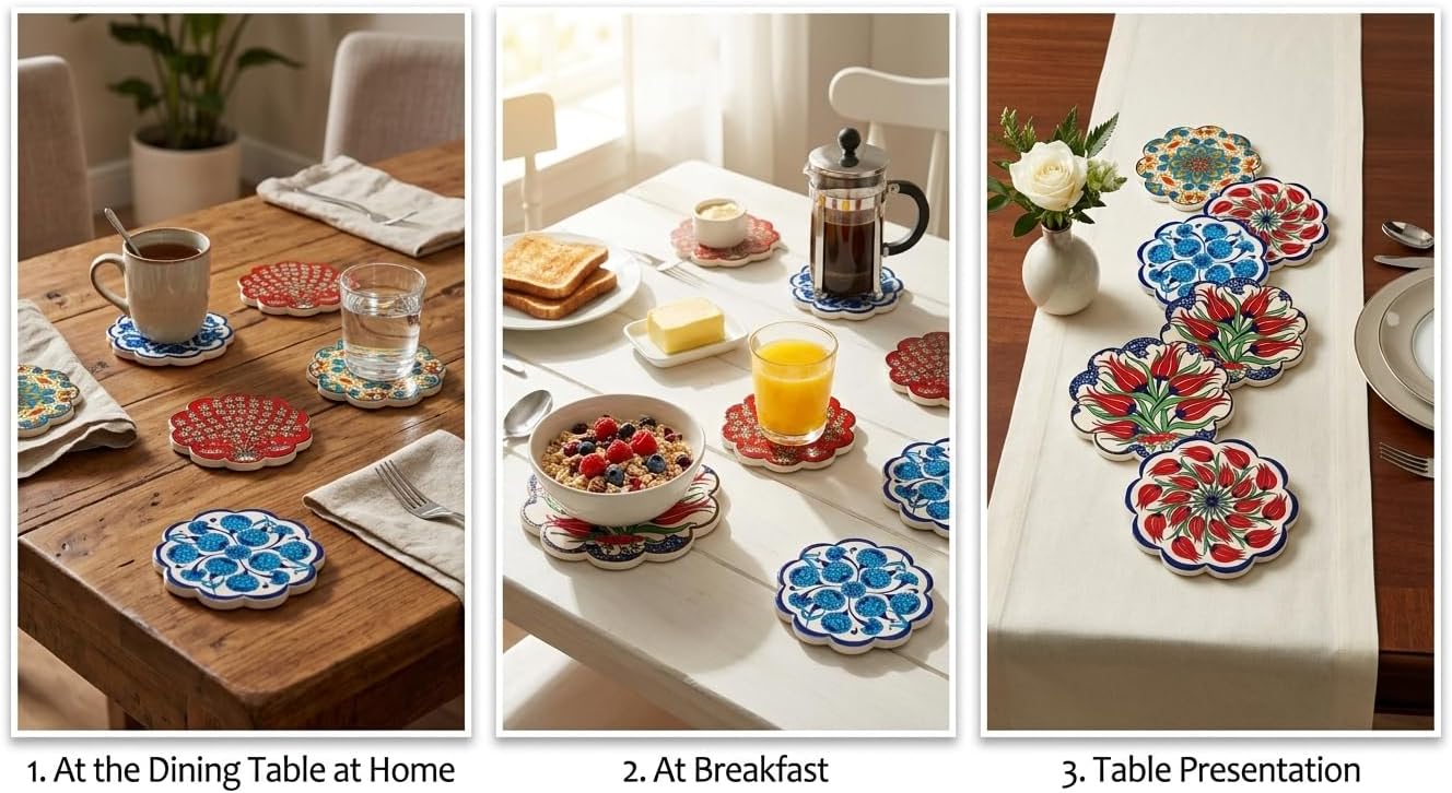 Turkish Ceramic Plate Absorbent Daisy Desing Coasters for Drinks House Warming,Living Room Decoration Gift Set of 6 No Holder,Oversize Better Protects Furniture from Damage (Multi 3)