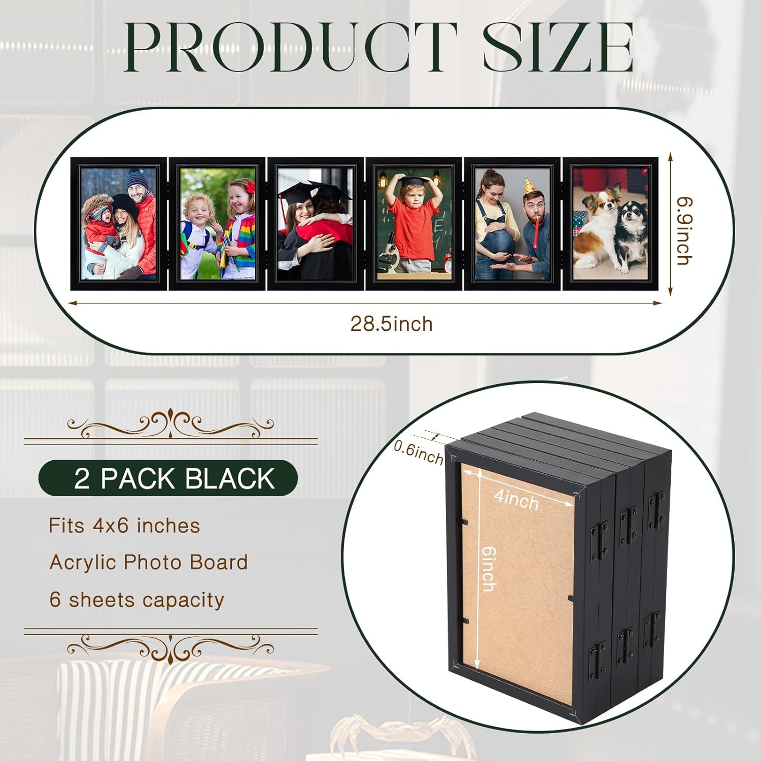 Sintuff 2 Pack 6 Folding Hinged Picture Frame Graduation Photo Frame High Definition Natural Wood Picture Collage for Desktop Display Family Graduation Birthday Mother's Day Gift(Black,4x6 in)