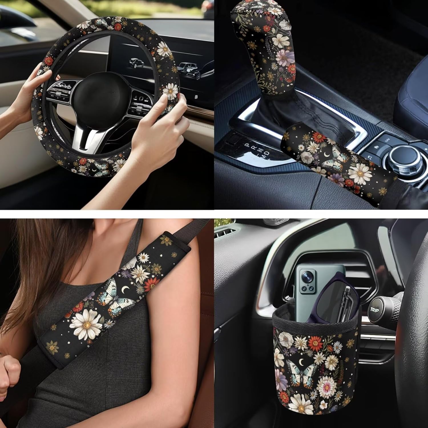 Butterfly 10 Pack Car Steering Wheel Cover Set Non Slip Auto Interior Accessories with Seat Belt Pad,Car Handbrake and Shift Covers,Keychain,Coasters Gift for Holiday