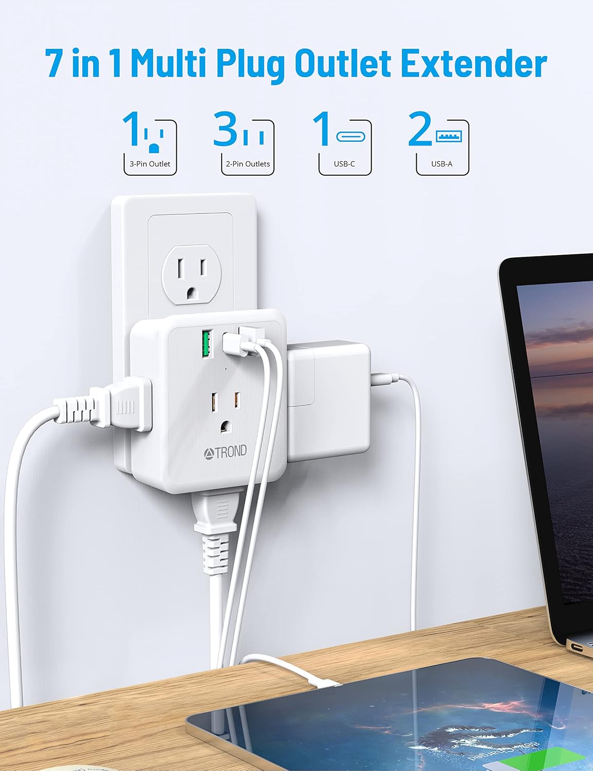 Multi Plug Outlet Extender, TROND 4 Outlet Splitter 3 USB Wall Charger (QC3.0 Fast Charge & USB C PD 20W), Cruise Essentials, Wall Plug Extender for Cruise Ship, Home, Office, Dorm Room, White