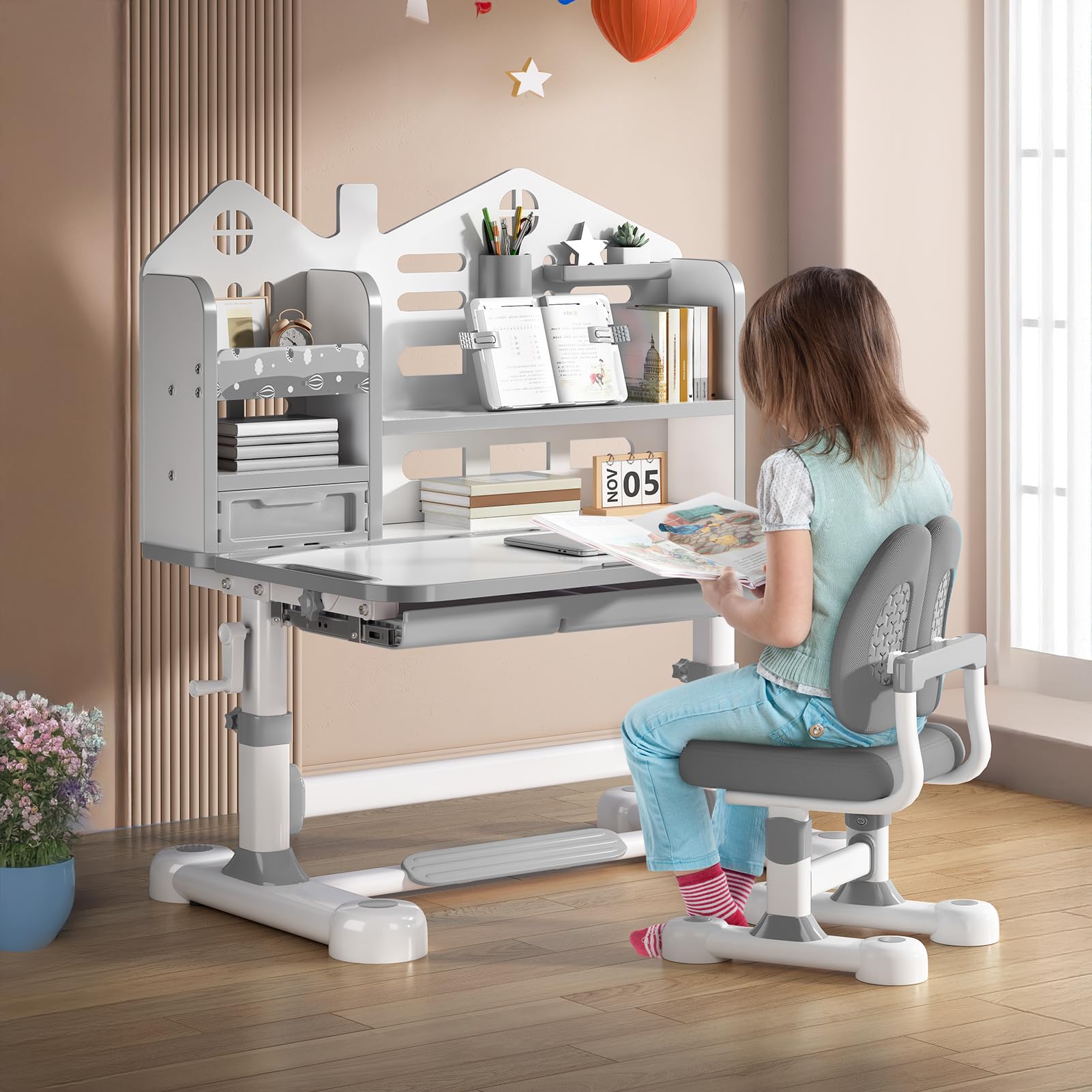 Zestaw biurka i krzesła dla dzieci, z regulacją wysokości, z odchylanym biurkiem i półką na książki, wielofunkcyjna stacja robocza z szufladą do przechowywania, do sypialni, szary