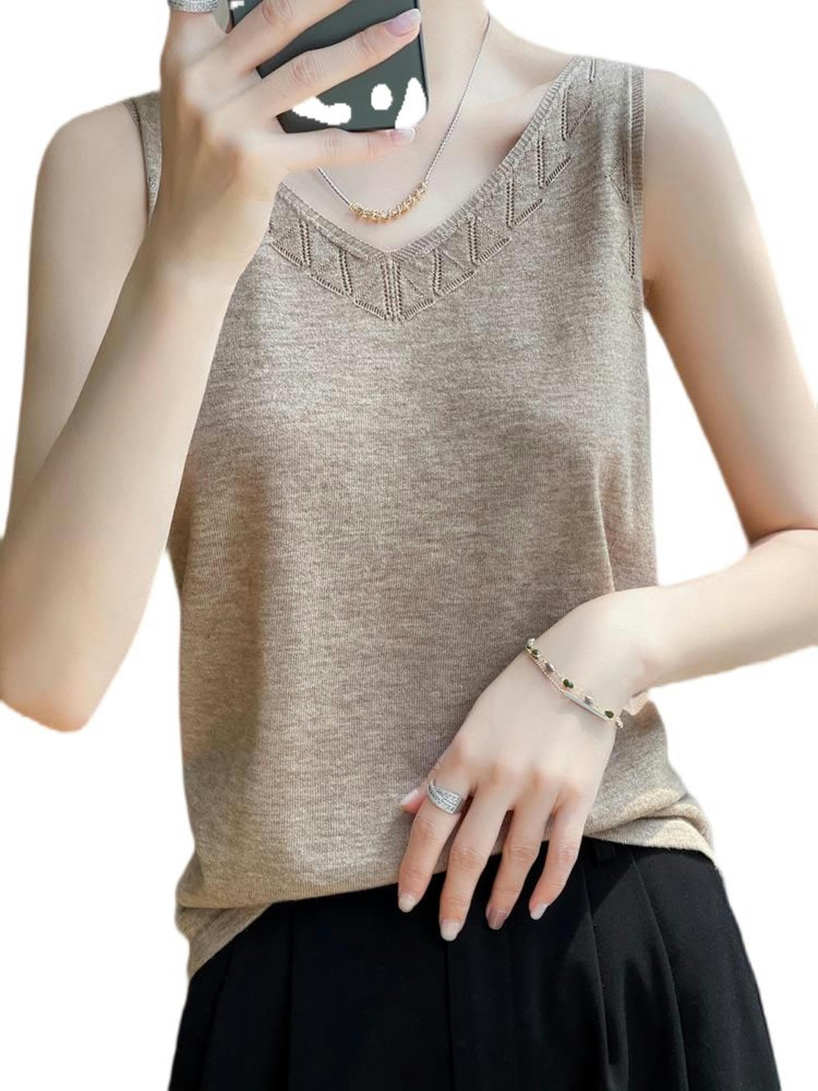 Camisole tricotée creuse col en V marron camel pour haut d'été élégant
