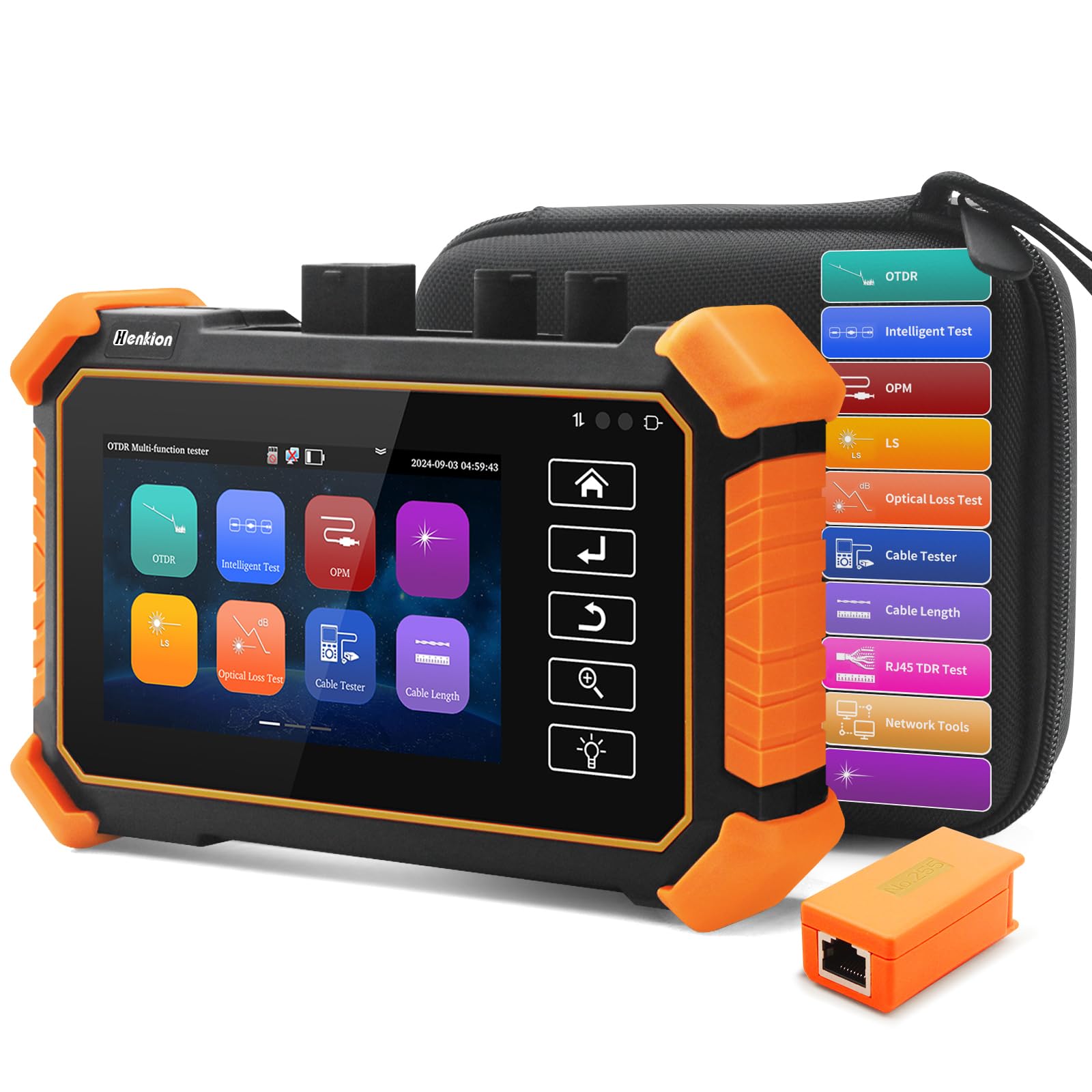 Henkion OTDR Fiber Optic Tester 1610nm 26dB, Comprobador de fibra óptica compatible con OPM, LS, OLS, VFL, tarjeta de eventos, UTP/RJ45 TDR prueba de cable/comprobador de cable de longitud
