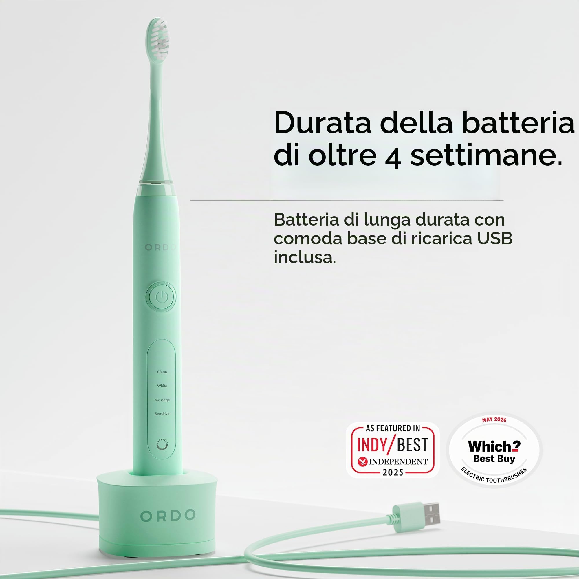 ORDO Sonic+ Spazzolino Elettrico per Adulti, 4 Modalità, Verde Menta | Spazzolino elettrico sonico ricaricabile, 4+ settimane di autonomia, caricatore USB, sbiancamento denti, rimozione placca