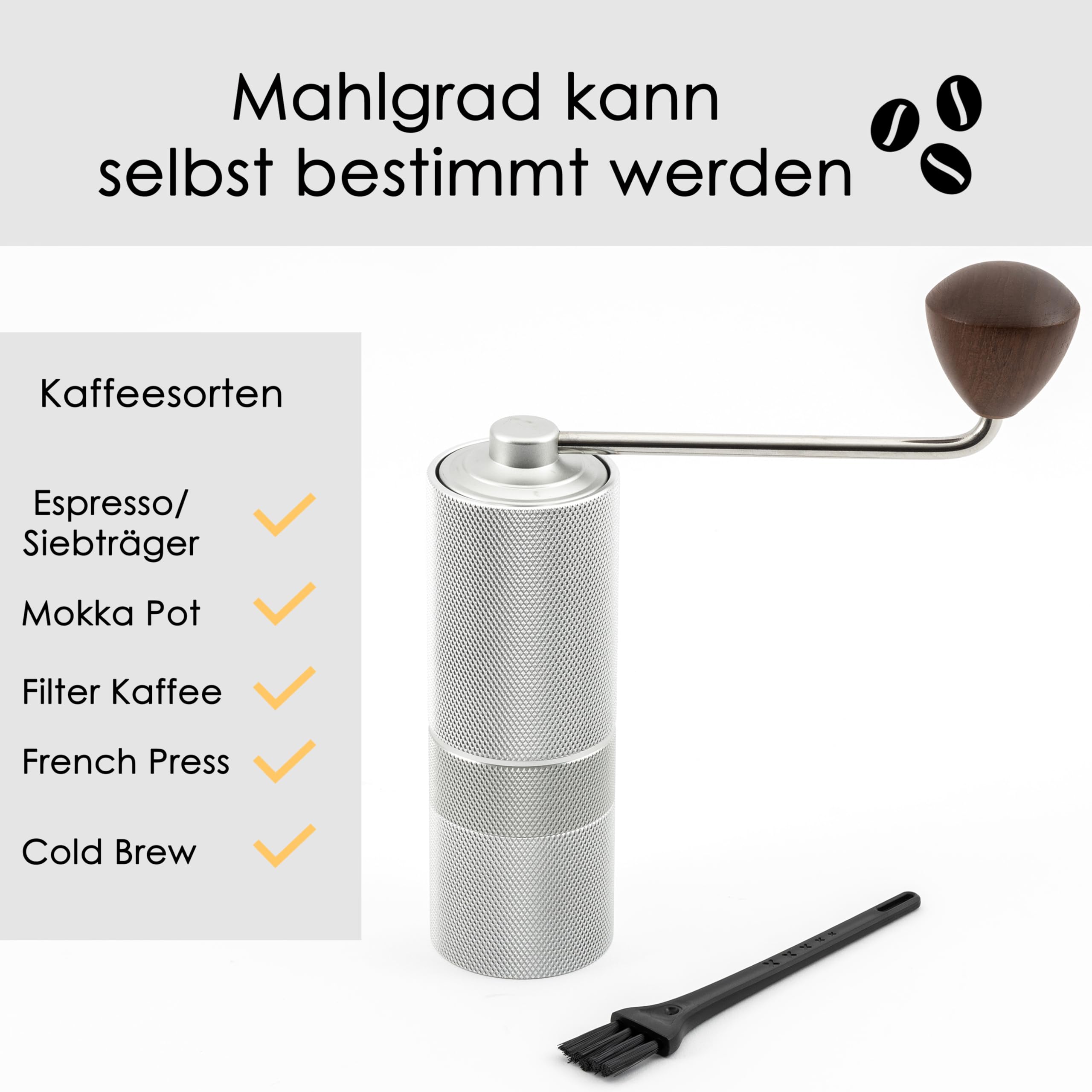 Hanseküche Młynek do kawy – ręczny młynek do kawy z precyzyjnym mechanizmem mielącym ze stali nierdzewnej i drewnianym uchwytem – stożkowy mechanizm mielący do espresso, młynek do espresso, stal