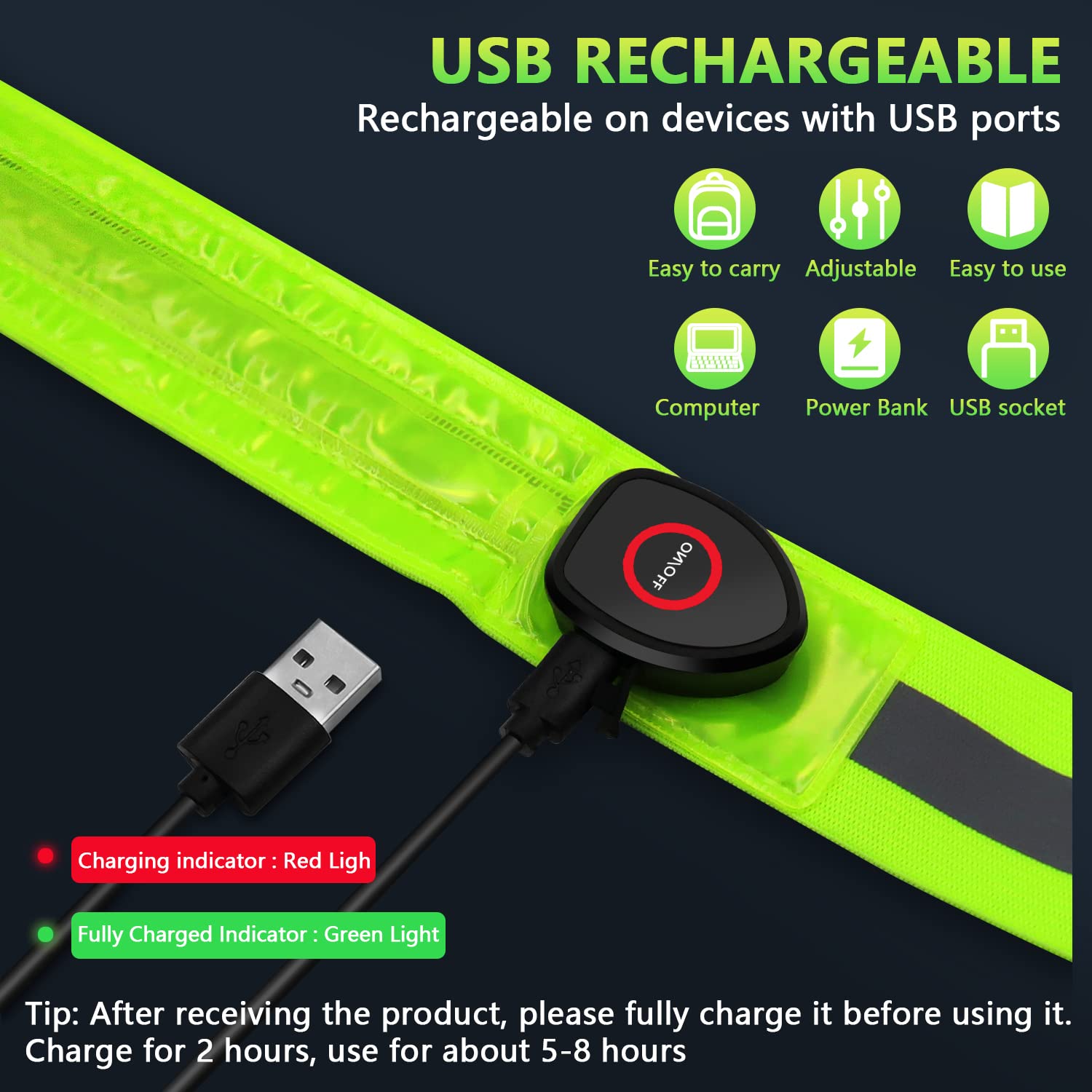 Lauflicht LED-Sicherheitsgürtel – USB-aufladbar, Verstellbar, Mit Reflektoren, 3 Lichtmodi, Für Joggen & Nachtläufe
