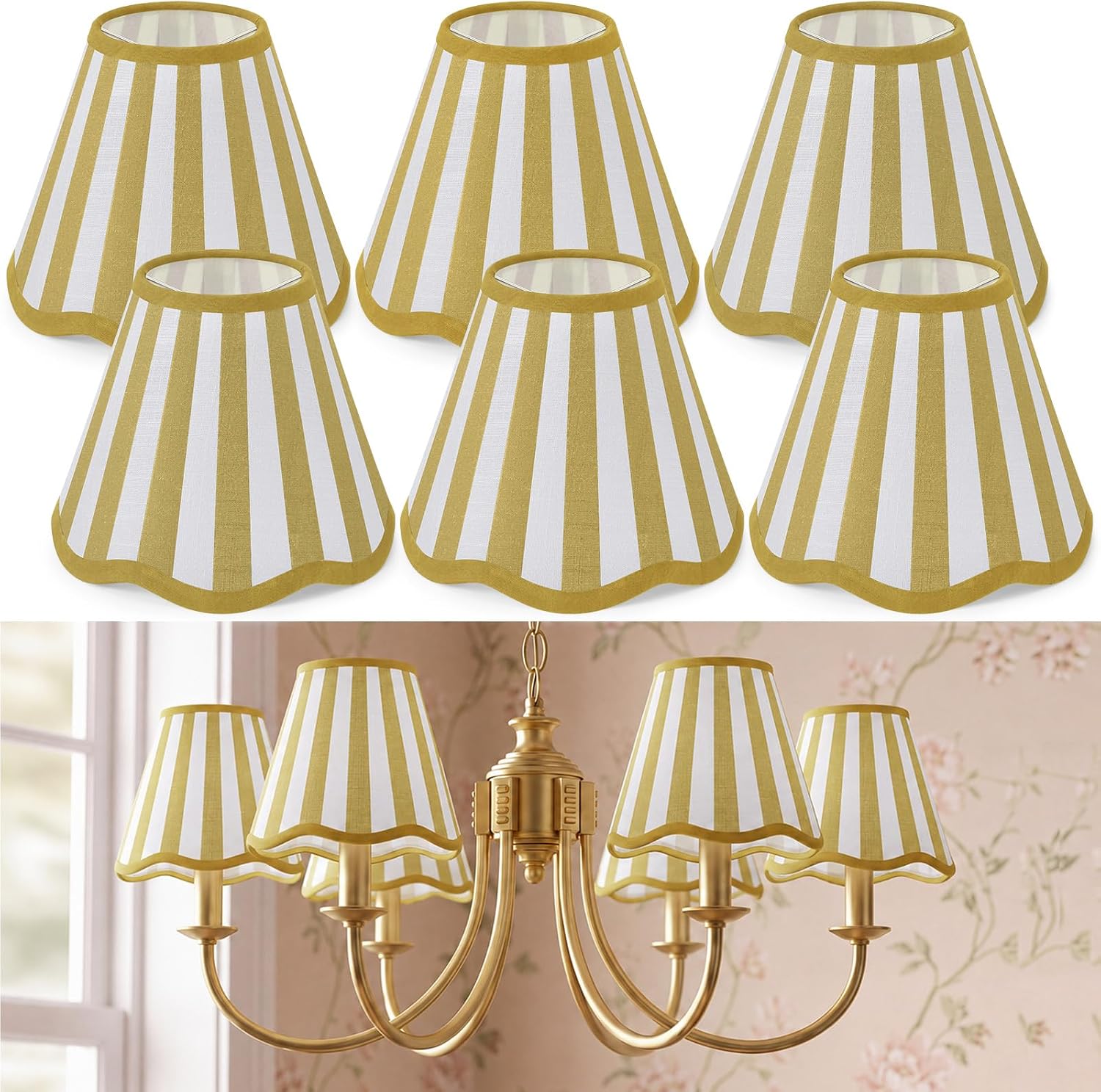 Set of 6 2.9" Top x 5.9" Bottom x 5.1" Height Striped Chandelier Lamp Shades, Mini Scalloped Lampshade with Petal Edges, for Table Wall Living Room Bedroom Easy Assembly(Beige)