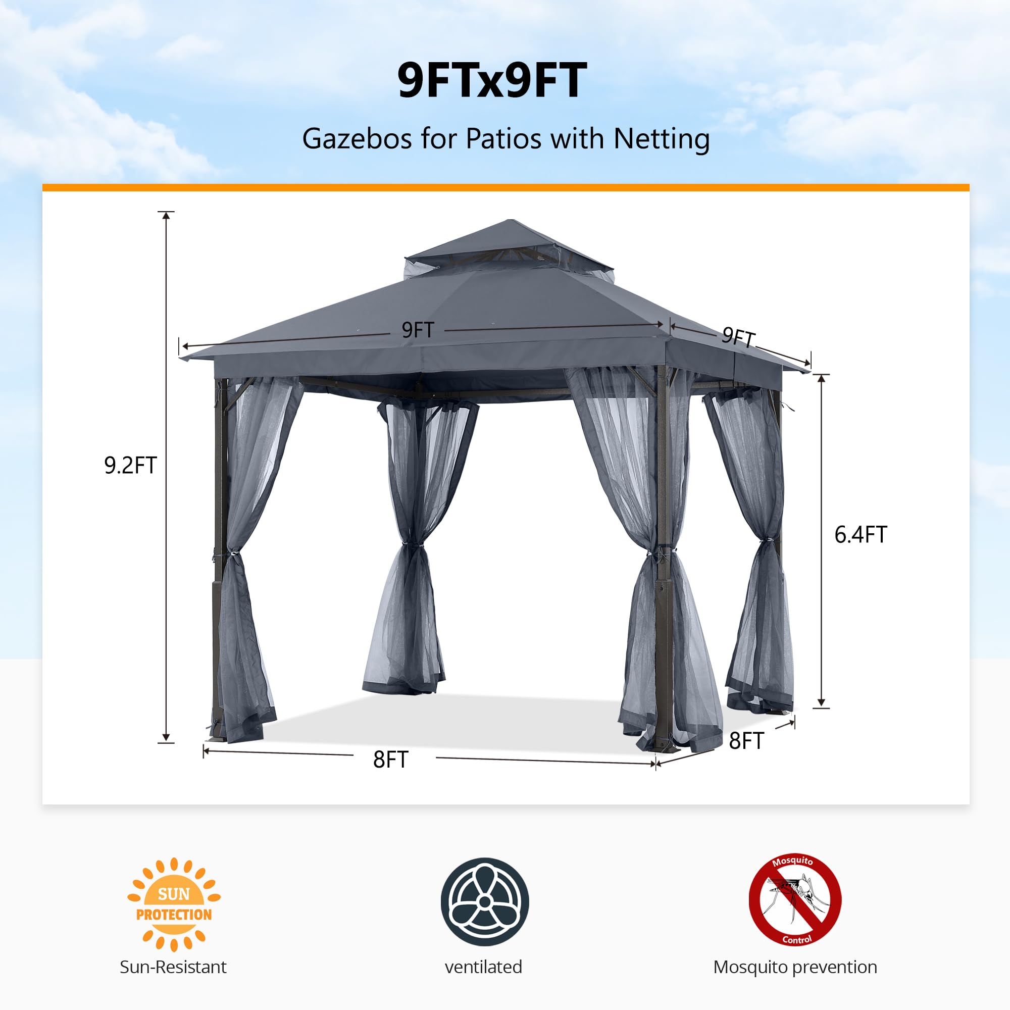 ABCCANOPY Abri de Jardin pour terrasse de 2,4 x 2,4 m – Structure en Acier avec moustiquaire pour pelouse, Jardin, terrasse (Gris foncé)