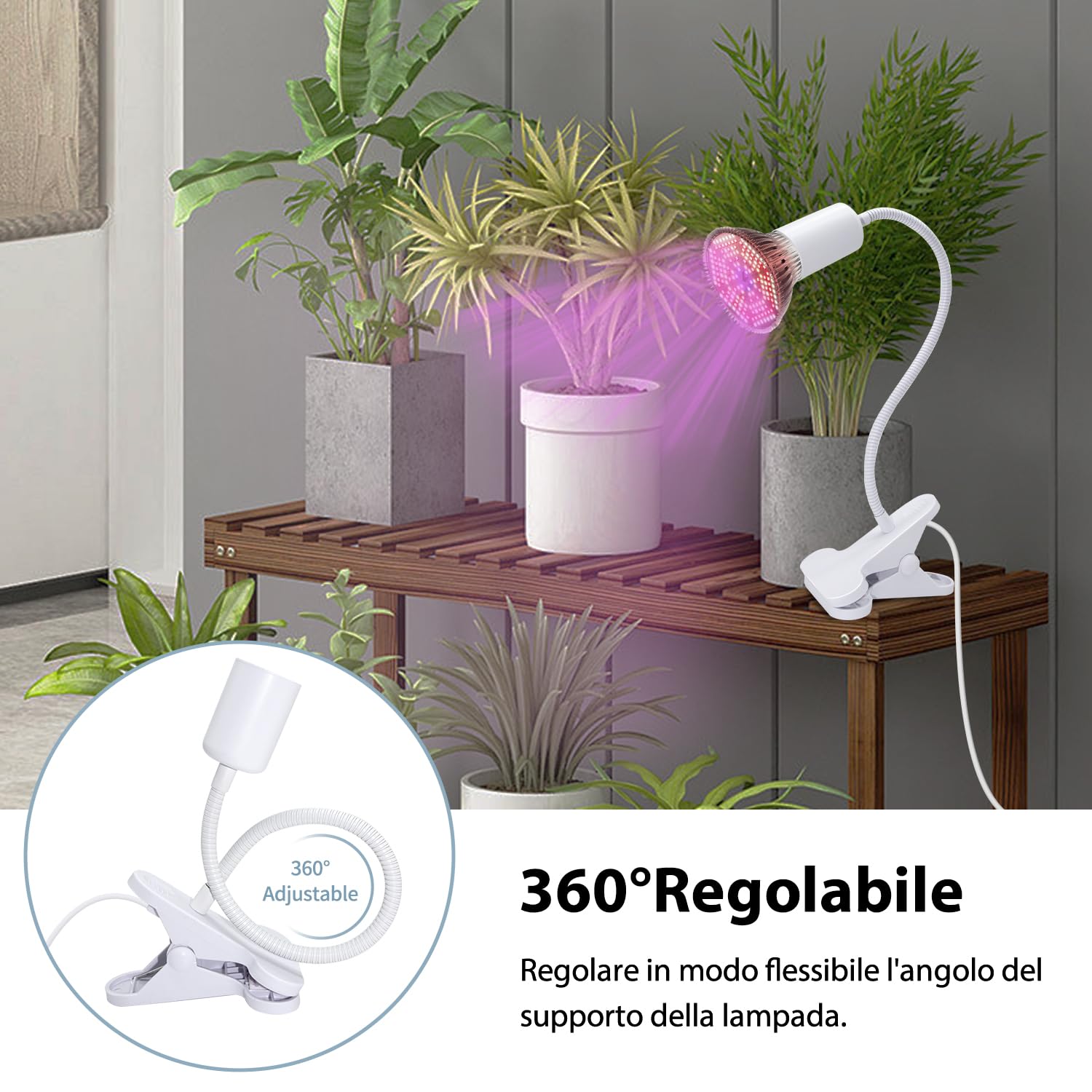 Portalampada E27 Con Pinza E Collo Flessibile - Lampada Da Tavolo, Cavo 220cm, Bianco - Foto 11