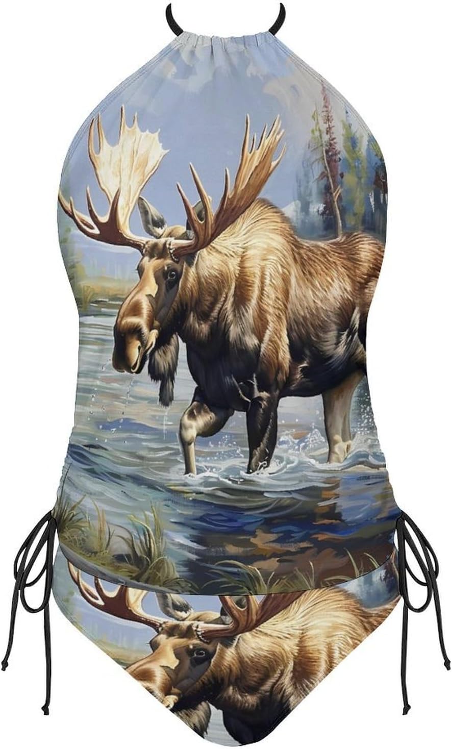 Moose in River Women's Tankini Swimsuit Two Piece Tummy Control Bathing Suits Tie String Swimwear