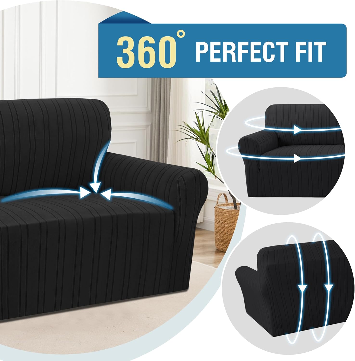 H.VERSAILTEX High Stretch Loveseat Covers 1-Piece Couch Cover Non Slip Sofa Cover with Elastic Bottom Soft Sofa Covers Washable Polyester Spandex Jacquard Fabric Stripe Design(Loveseat, Jet Black)